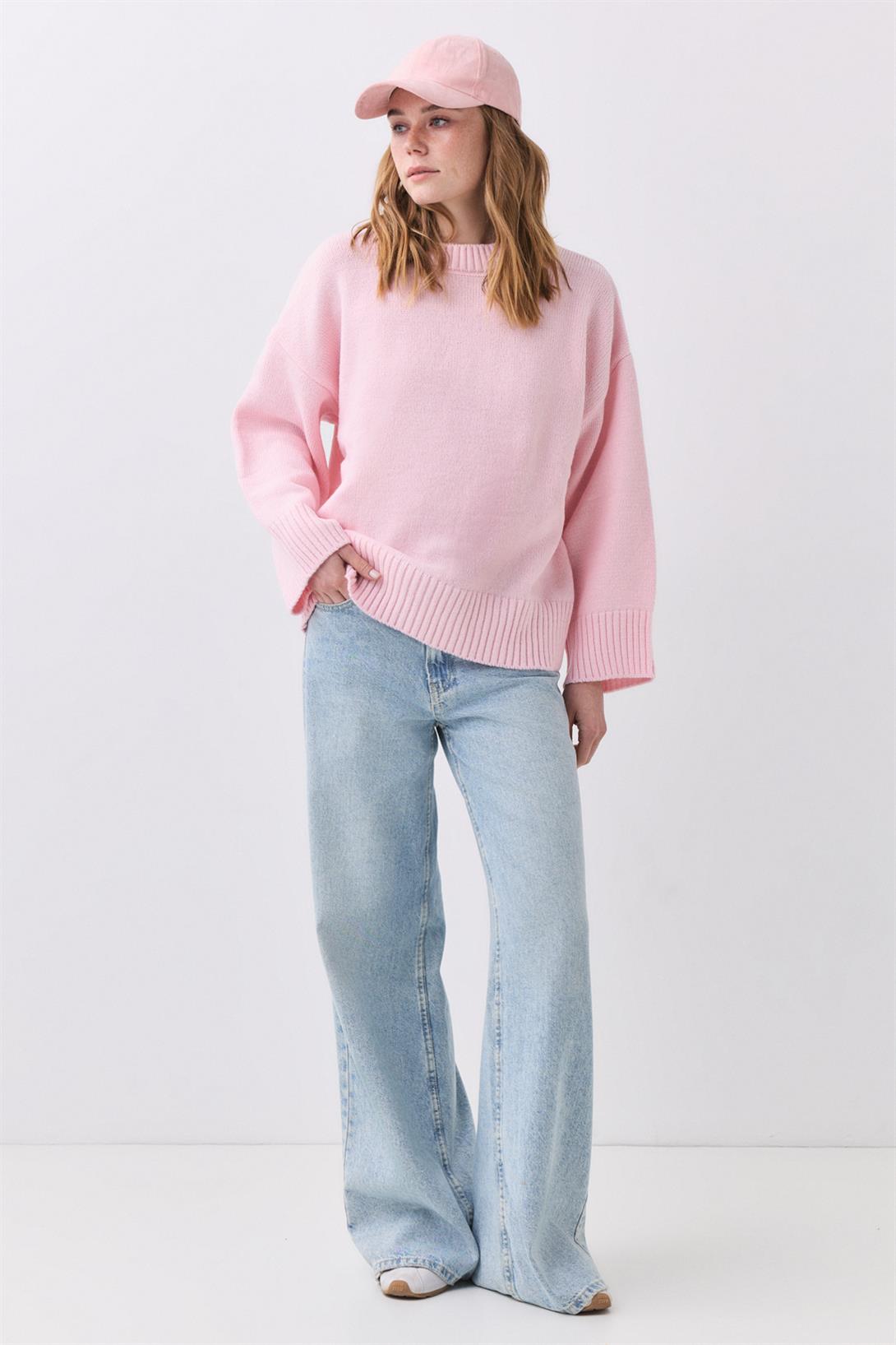Kadın Bisiklet Yaka Oversize Triko Pembe 1011