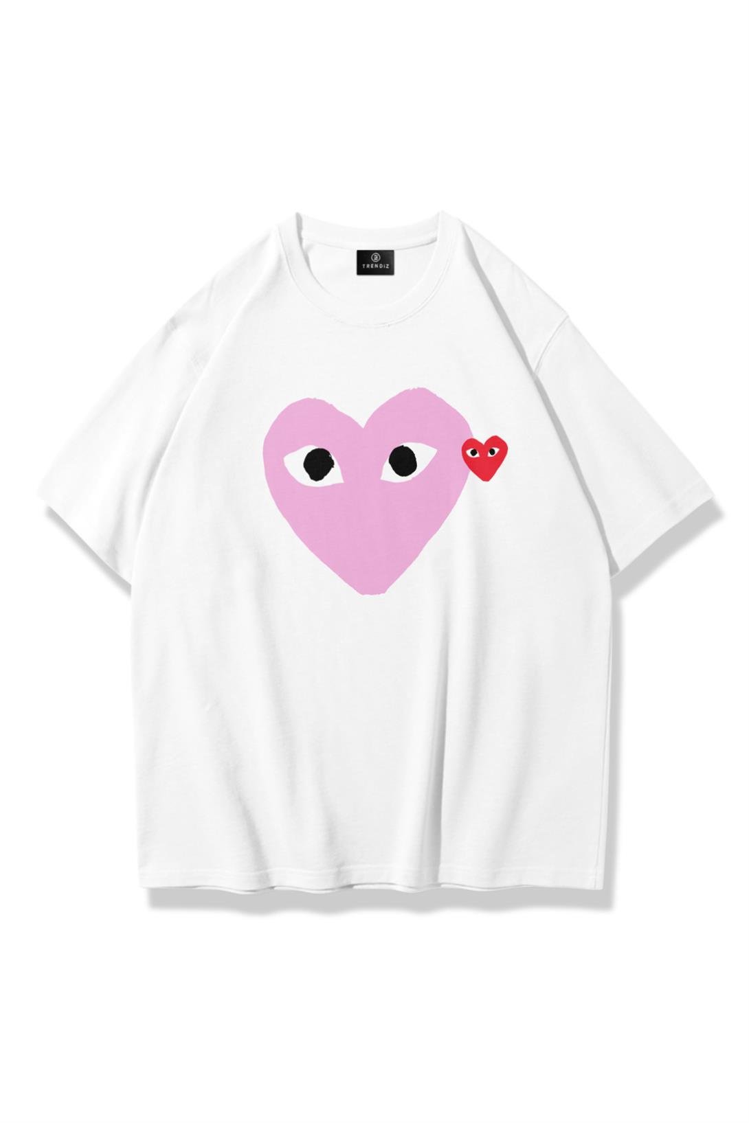 Unisex Pembe & Kırmızı Kalp Tshirt Beyaz