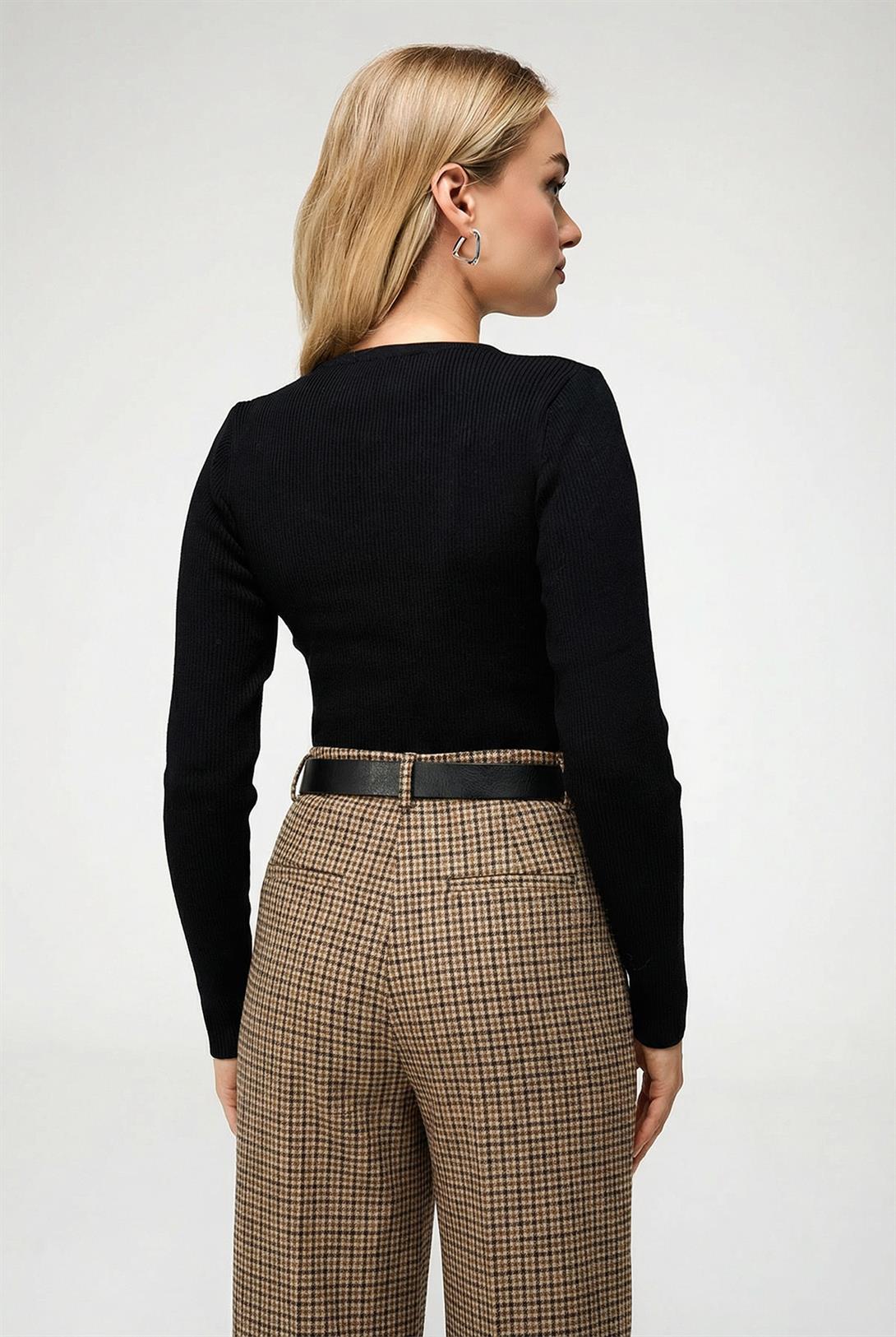 Kadın Düğmeli Fitilli Triko Hırka Siyah 6931 