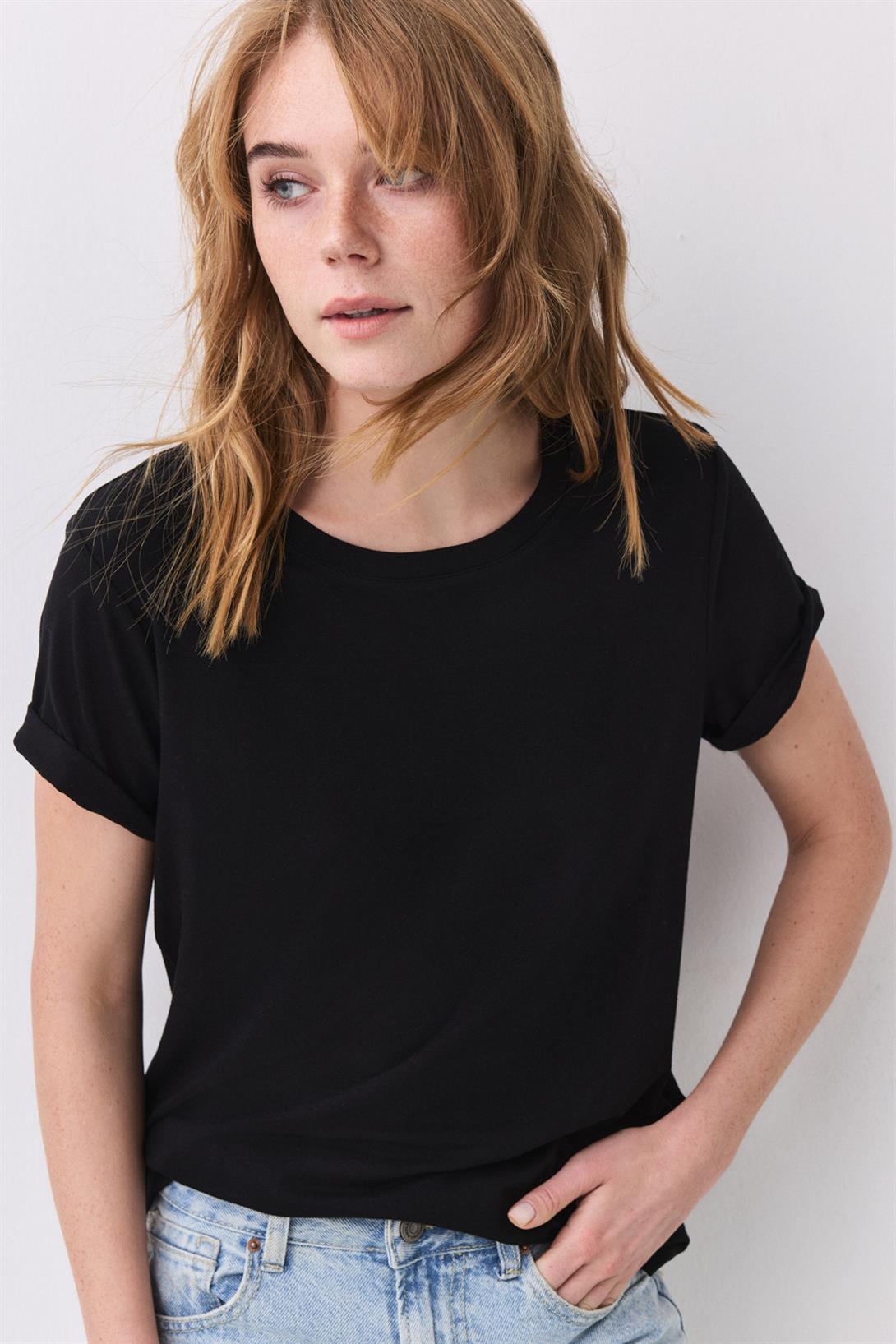 Kadın Slim Basic Viskon Tshirt Siyah 8013