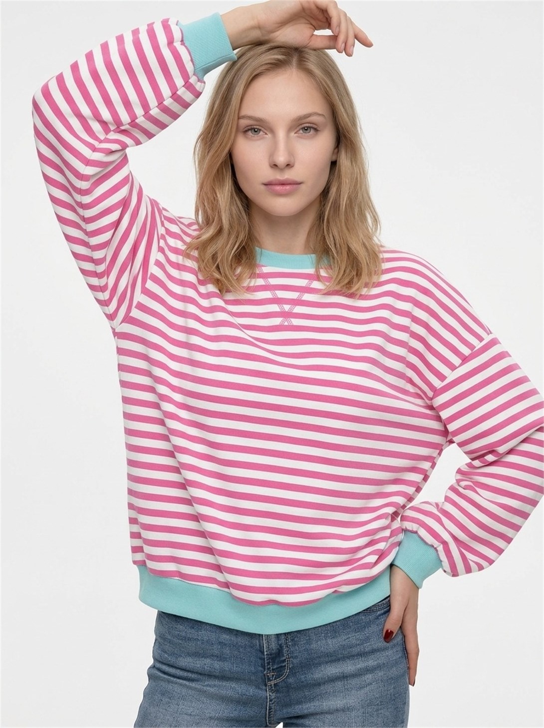 Kadın Çizgili Ribanalı Oversize Sweatshirt Pembe Beyaz