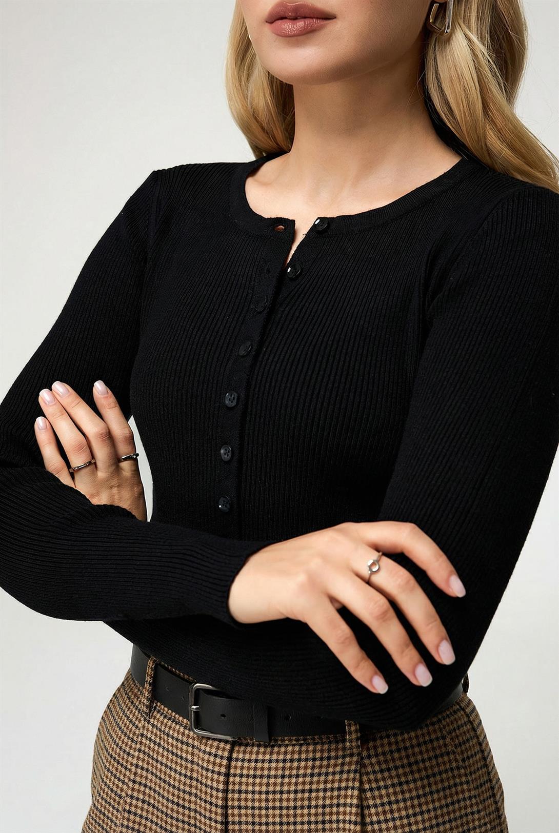 Kadın Düğmeli Fitilli Triko Hırka Siyah 6931 