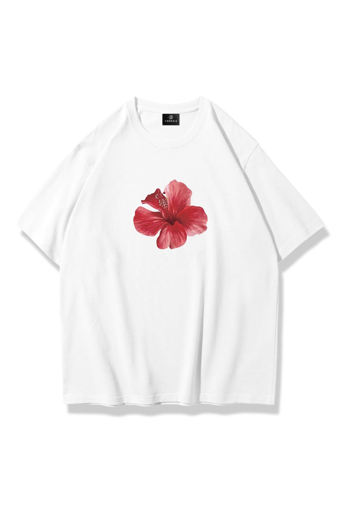 Kadın Red Hibiscus Tshirt Beyaz