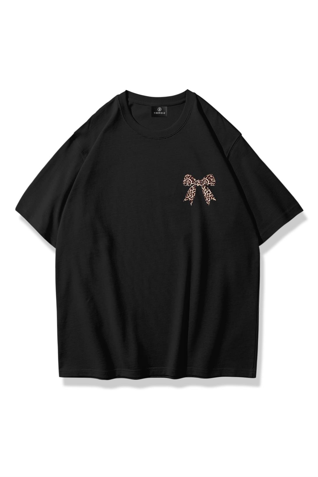 Kadın Leopar Kurdele Göğüs Tshirt Siyah