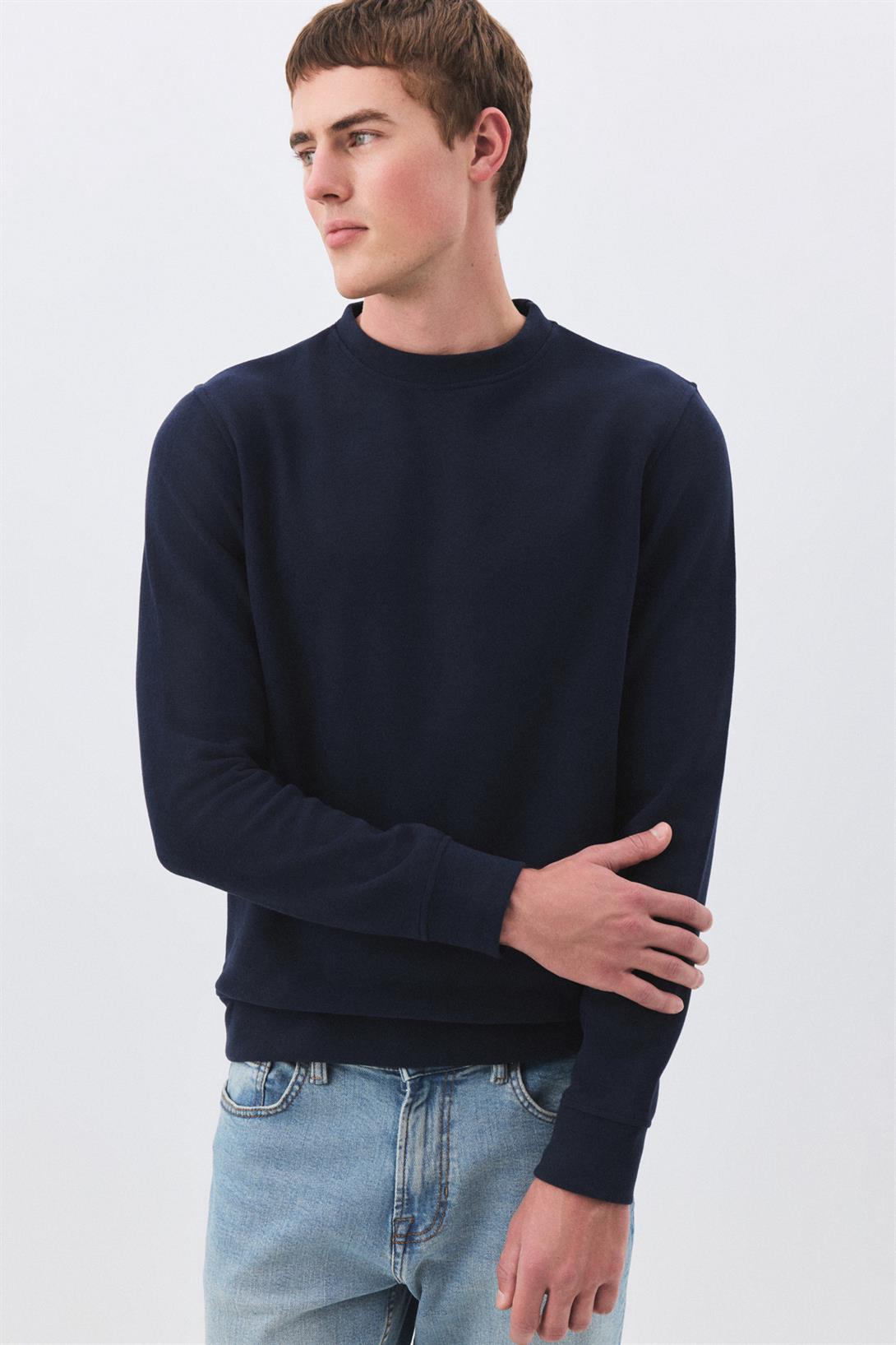 Erkek Slim Fit Pamuklu Selanik Kumaş Bisiklet Yaka Sweatshirt Lacivert