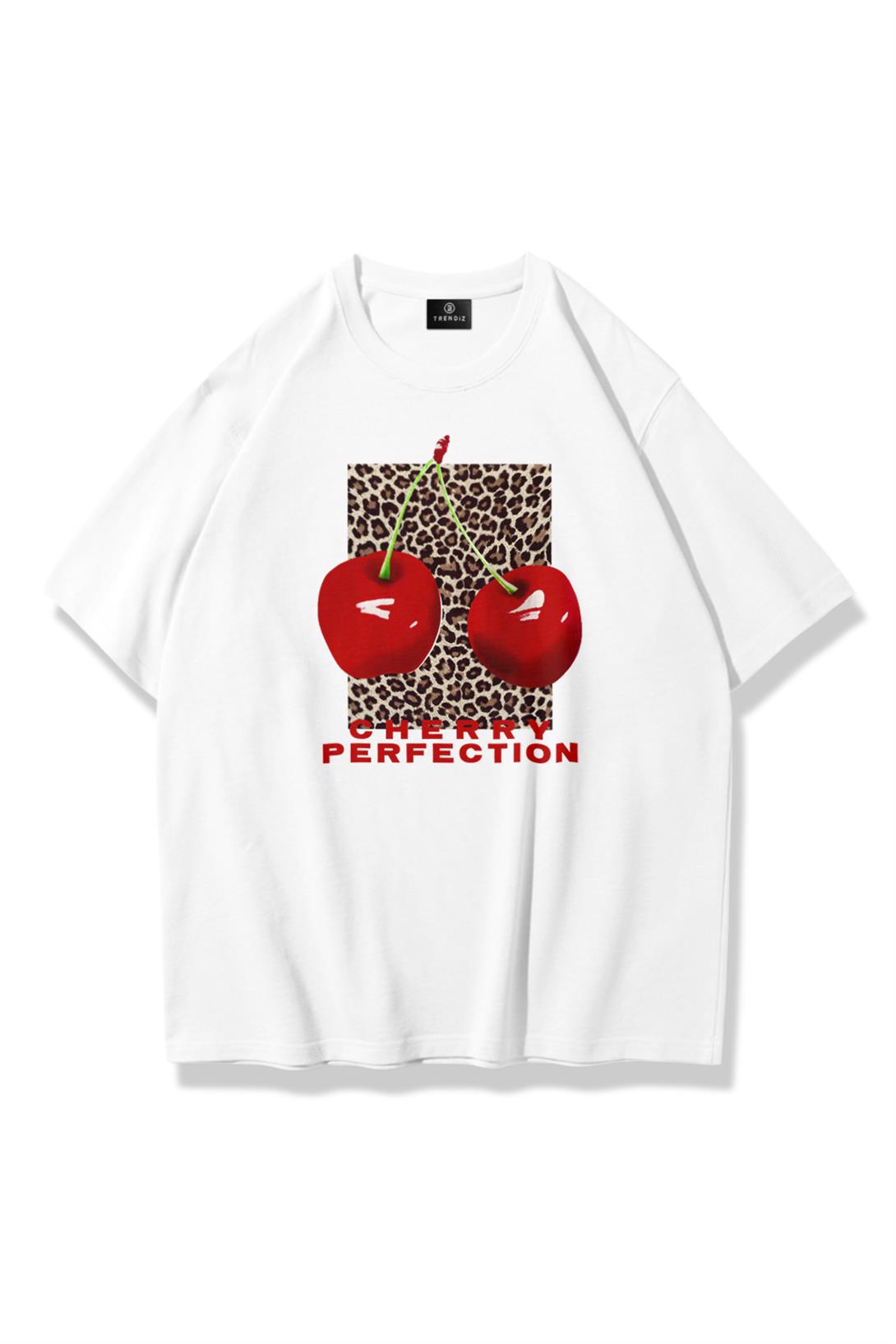 Kadın Cherry Perfection Leopar Tshirt Beyaz