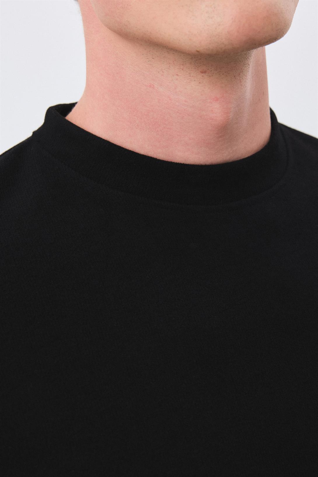 Erkek Slim Fit Pamuklu Selanik Kumaş Bisiklet Yaka Sweatshirt Siyah