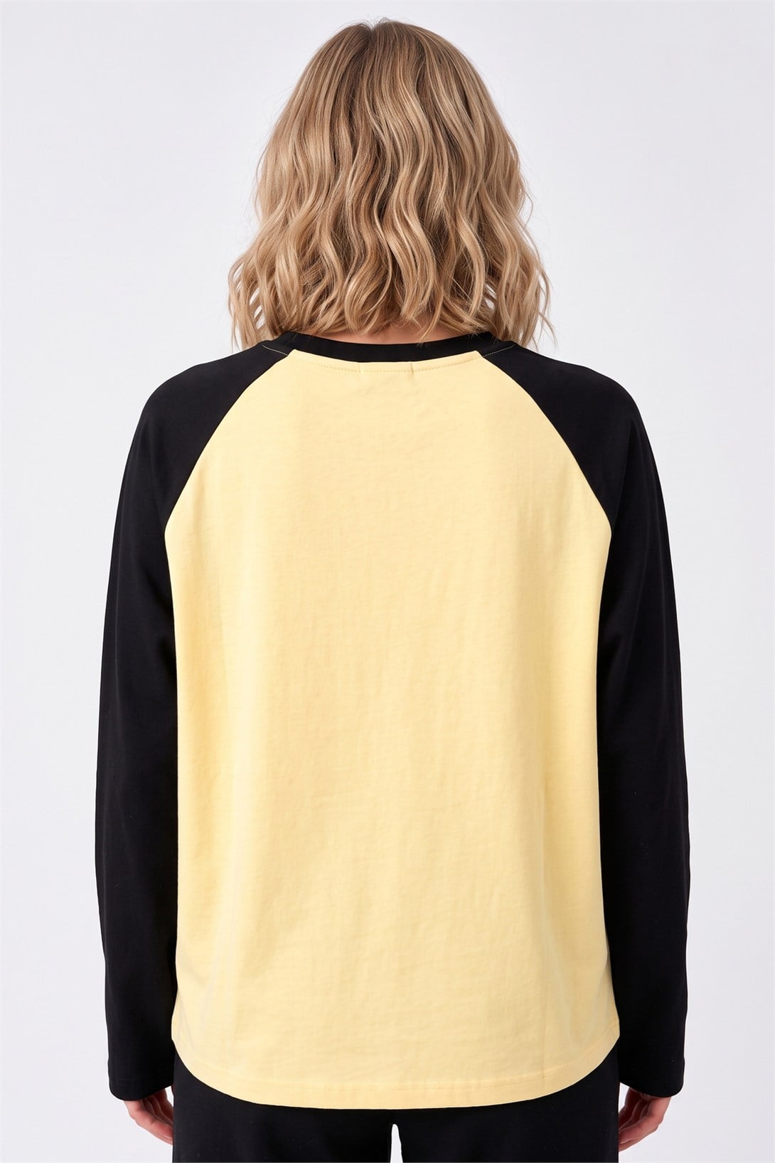 Kadın Reglan Kol Uzun Kollu Interlok T-Shirt Sarı Siyah 