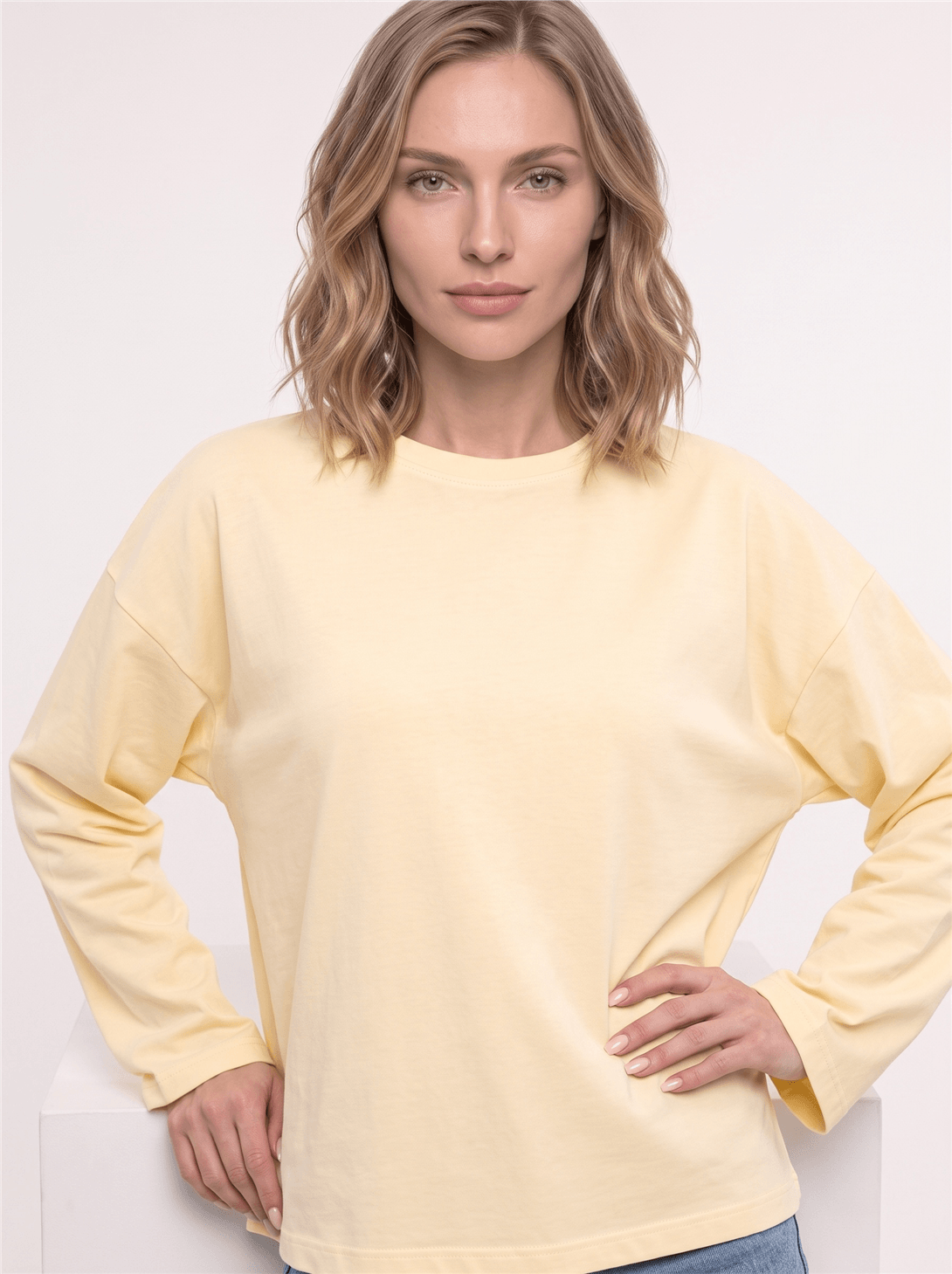 Kadın %100 Pamuk Bisiklet Yaka Uzun Kollu T-shirt Sarı 