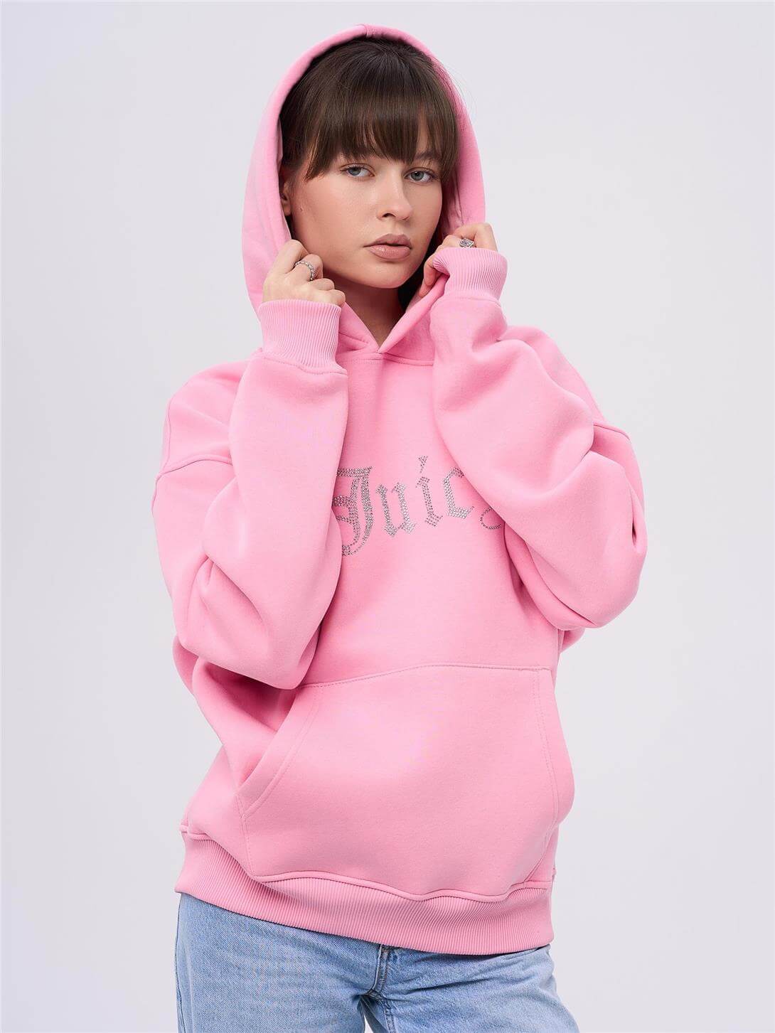 Unisex Juiciy Taş Baskılı Sweatshirt Pembe