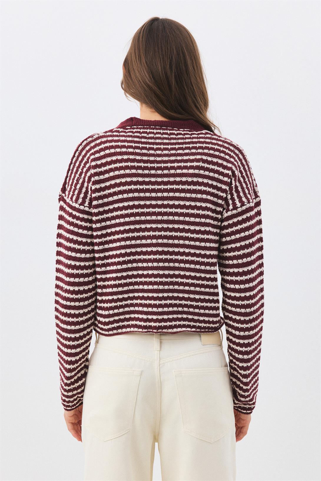 Kadın V Yaka İnce Çizgili Triko Hırka Bordo 6948