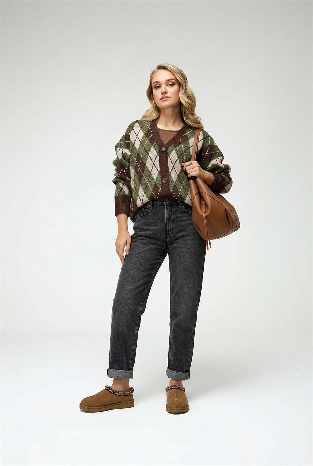 Kadın Baklava Desenli Oversize Triko Hırka Haki 6937