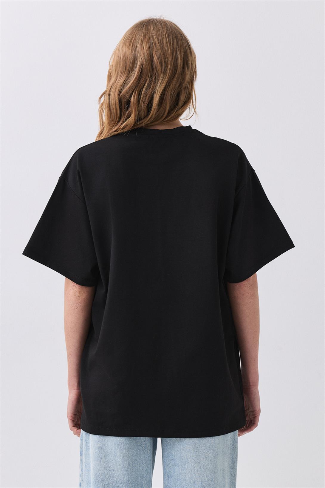 Kadın Pamuk Oversize Basic Tshirt Siyah 5012