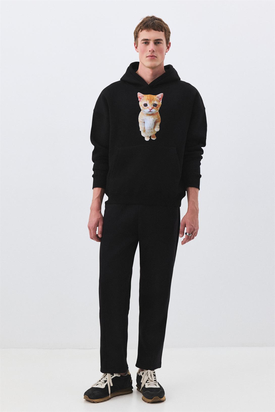 Unisex Sad Cat Sweatshirt Siyah