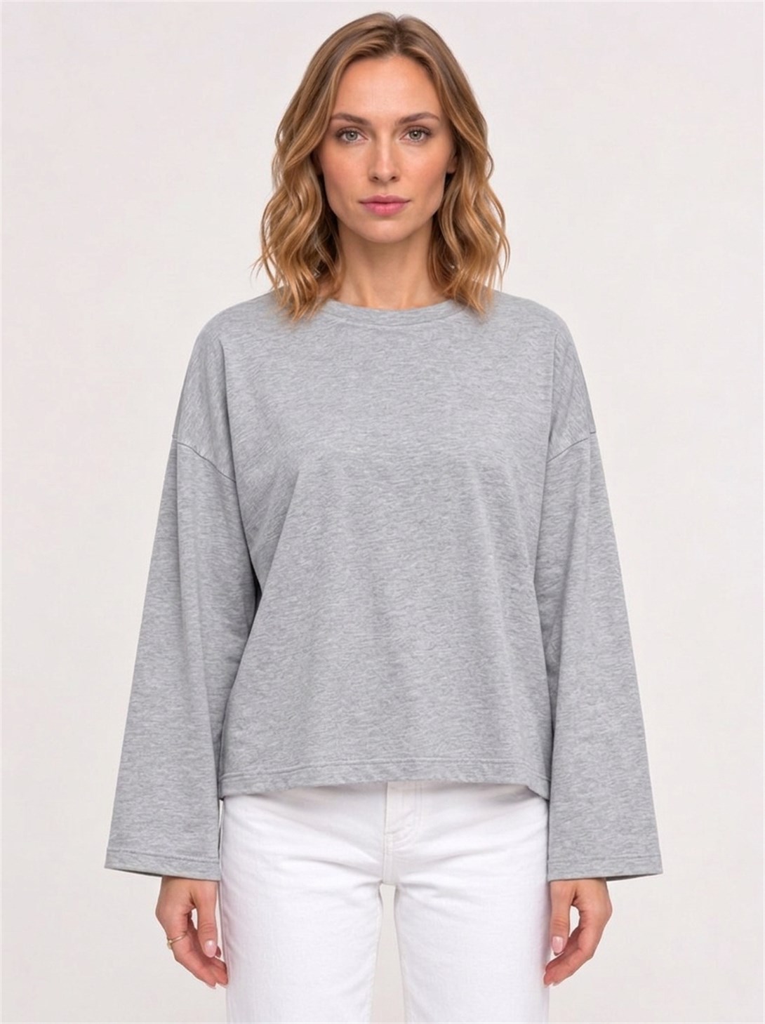 Kadın %100 Pamuk Bisiklet Yaka Uzun Kollu T-shirt Grimelanj