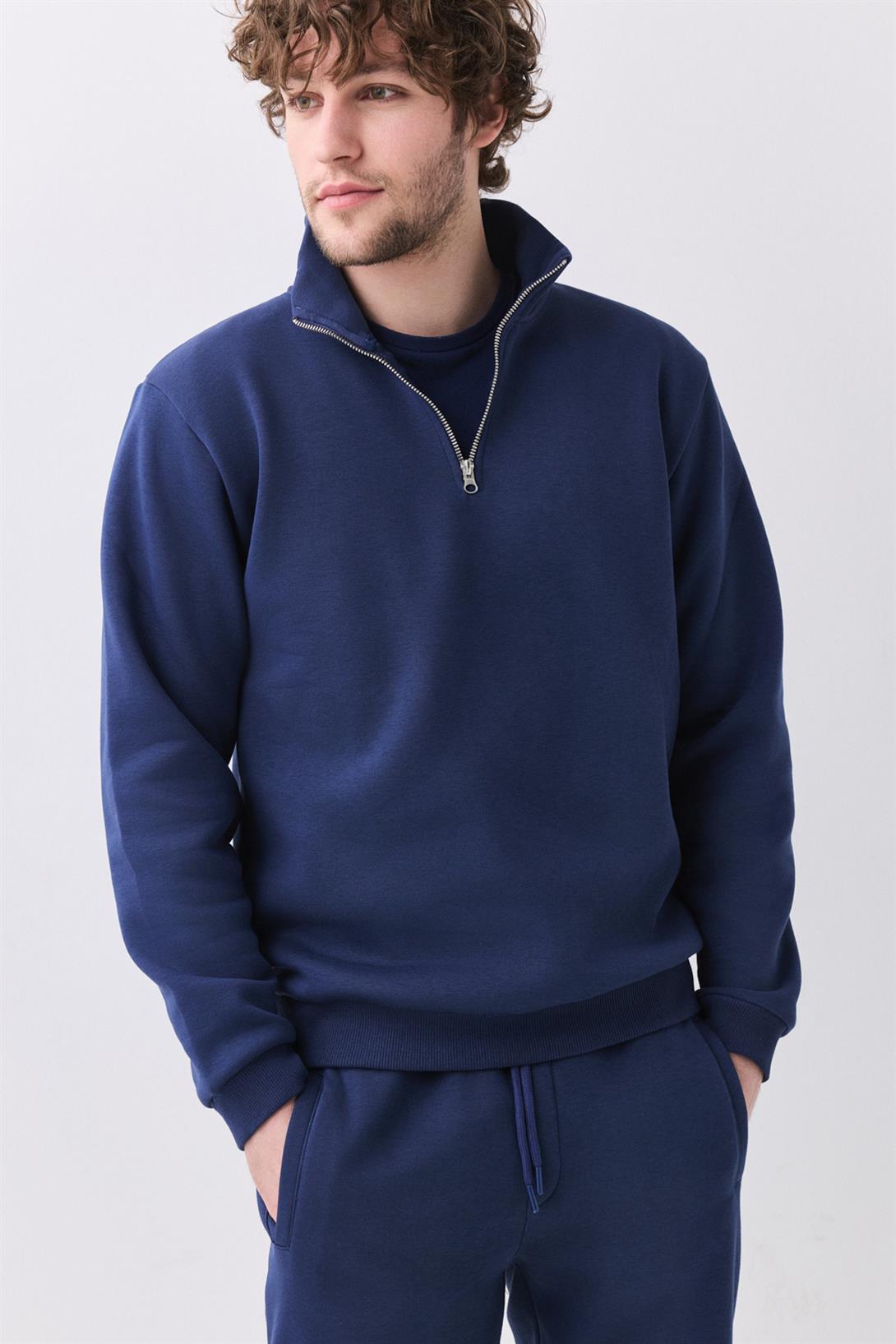 Erkek Relaxed Fit Yarım Fermuarlı Dik Yaka Sweatshirt İndigo 2052