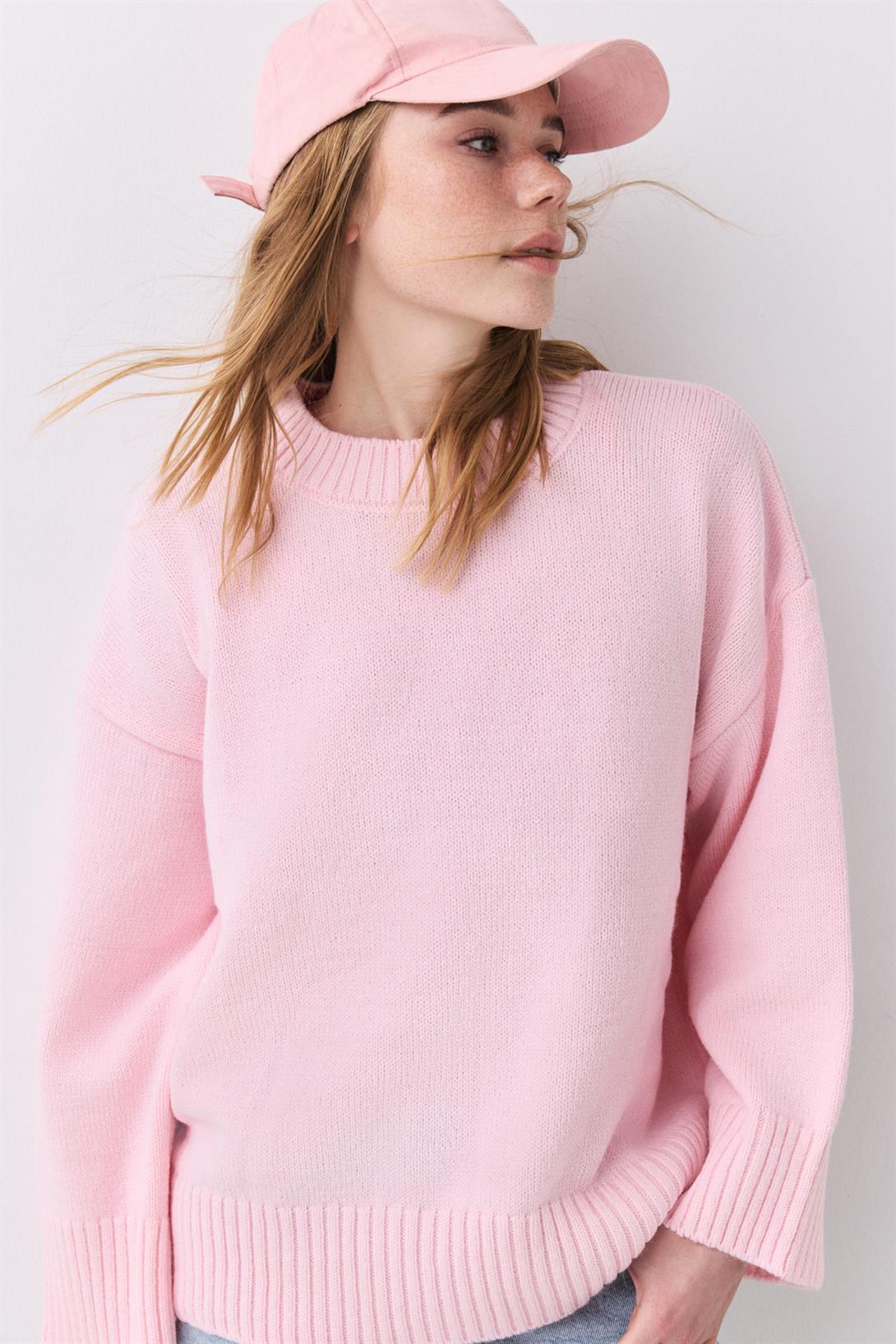 Kadın Bisiklet Yaka Oversize Triko Pembe 1011