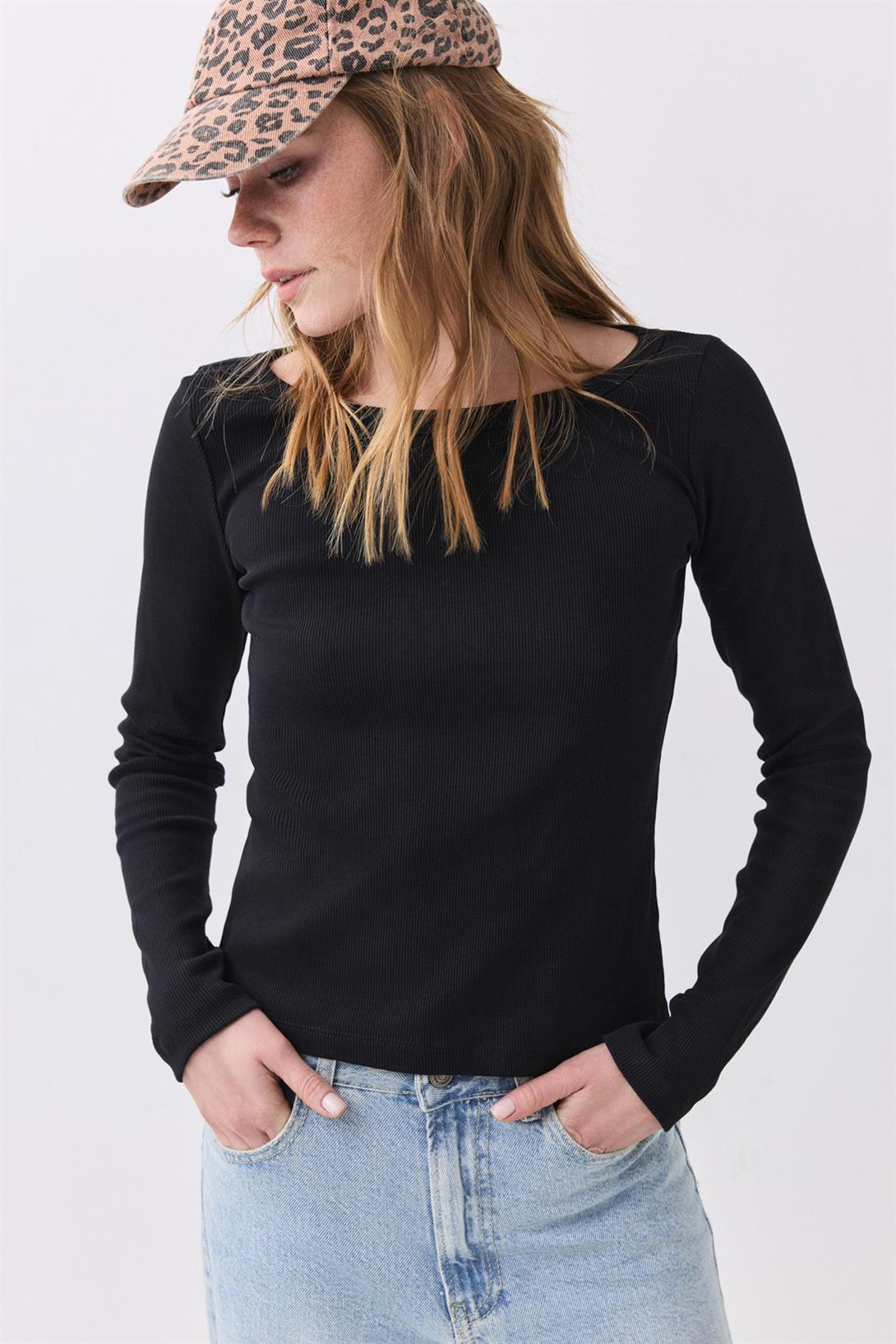 Kadın Kayık Yaka Fitilli Uzun Kollu Bluz Siyah 9022