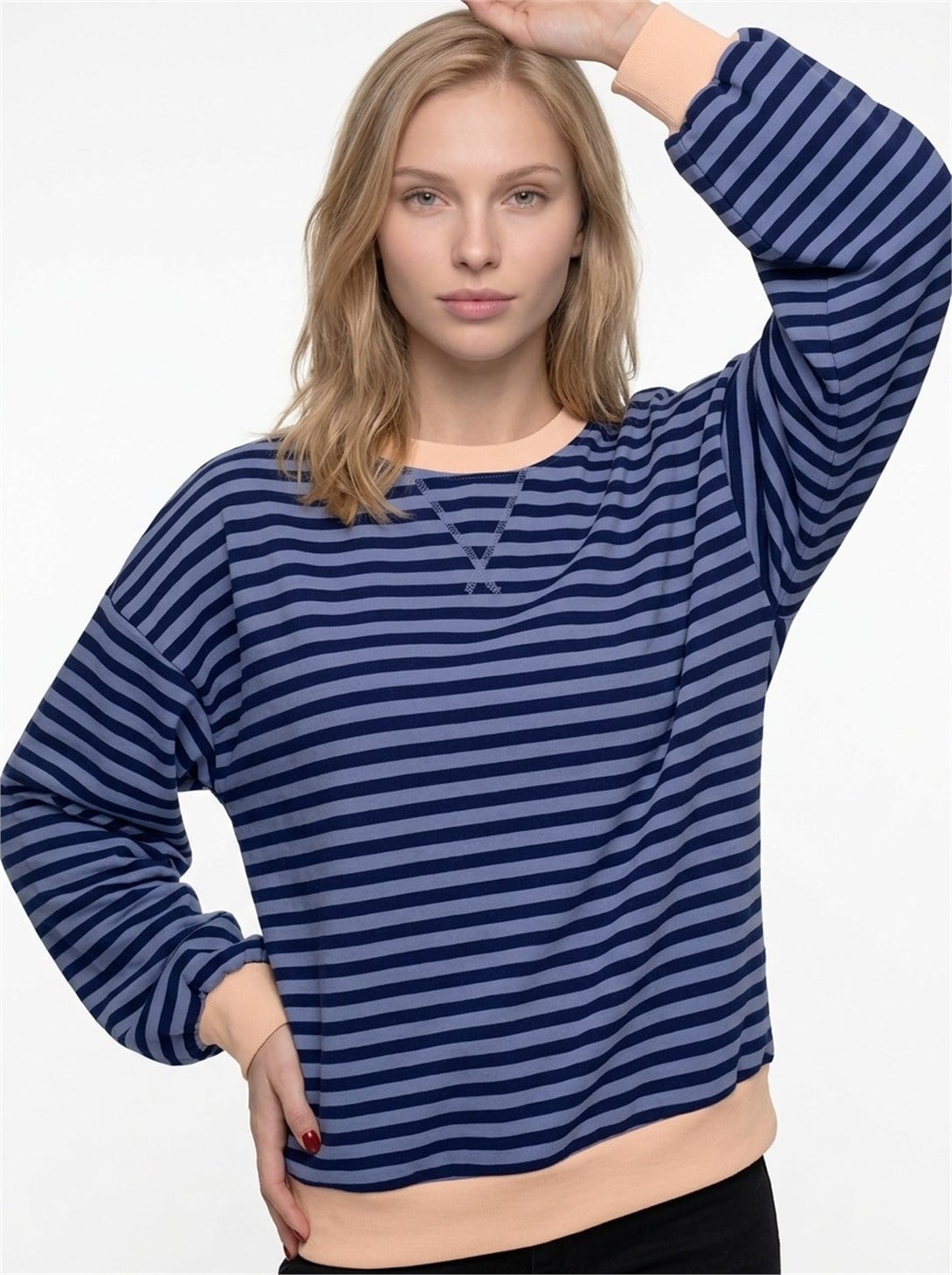 Kadın Çizgili Ribanalı Oversize Sweatshirt Lacivert Mavi
