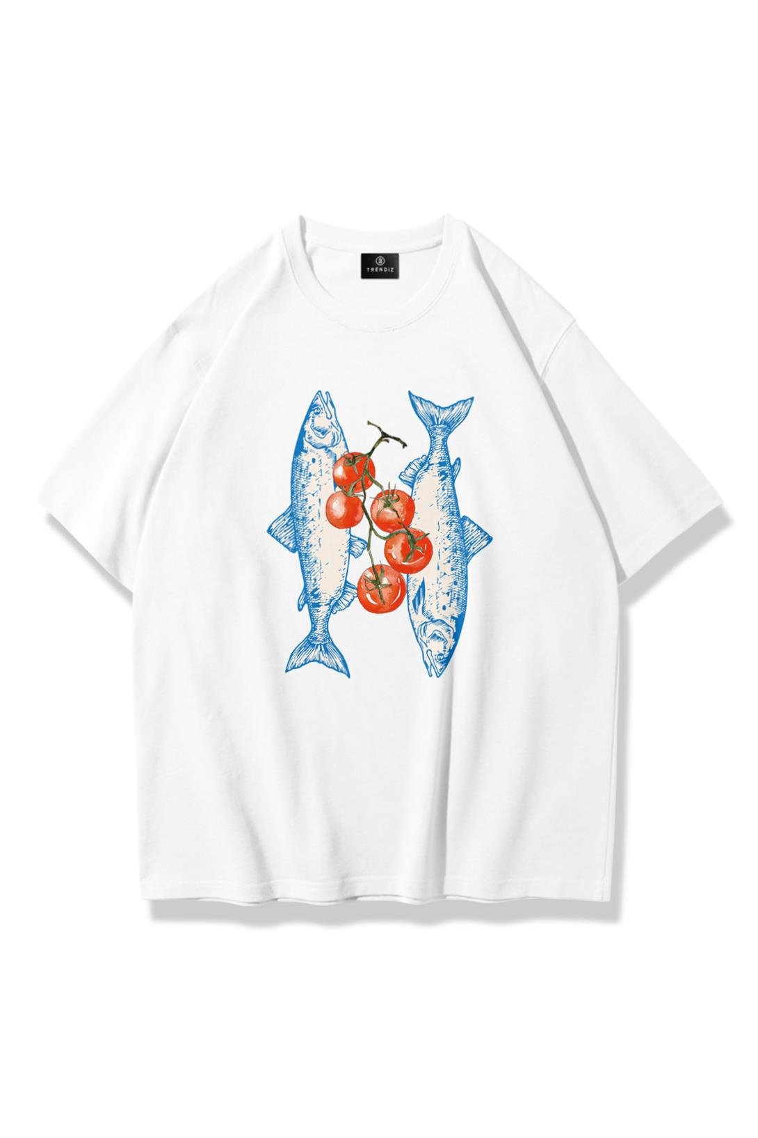 Unisex Fish and Tomatoes Tshirt Beyaz