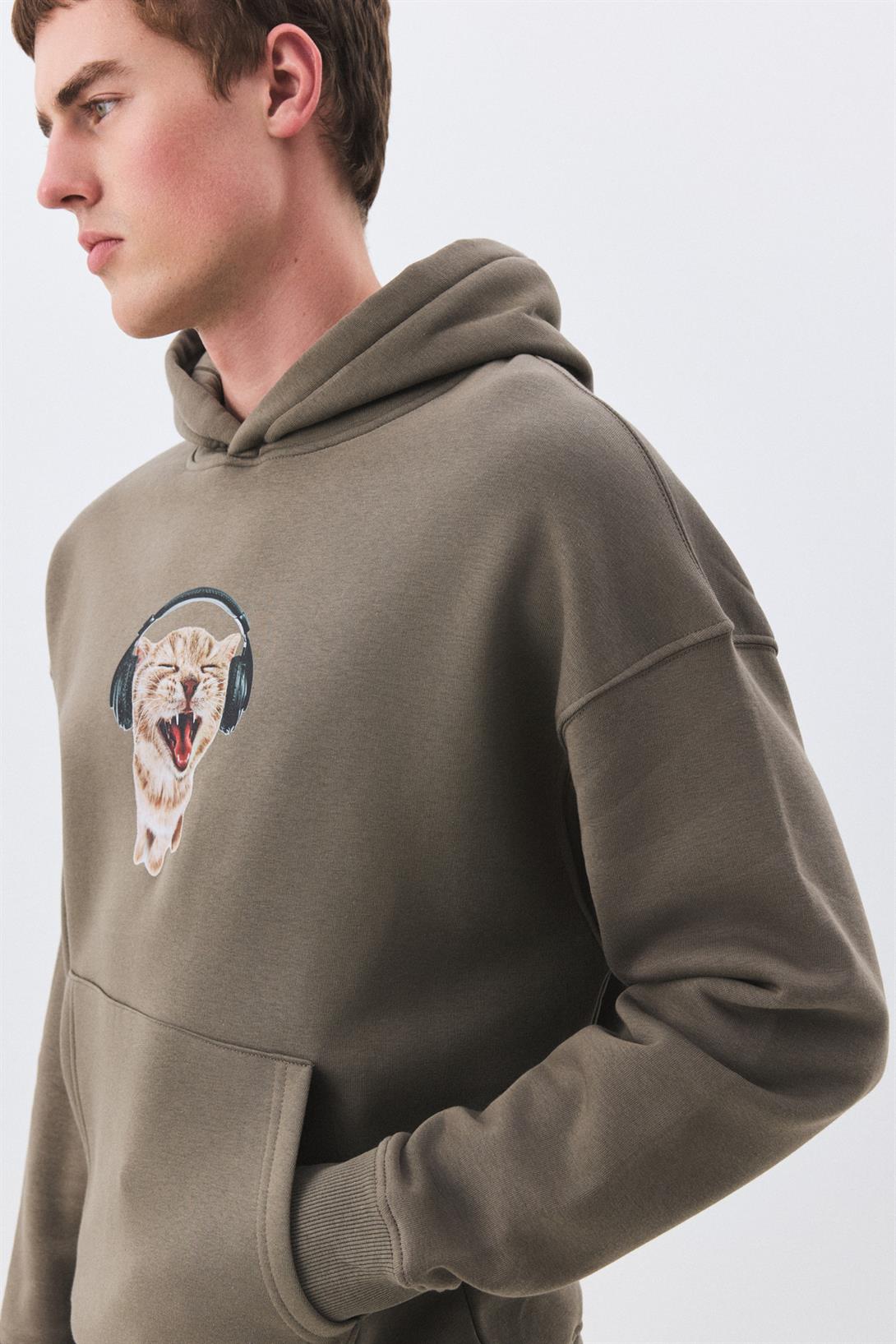 Unisex Kulaklıklı Kedi Sweatshirt Antrasit