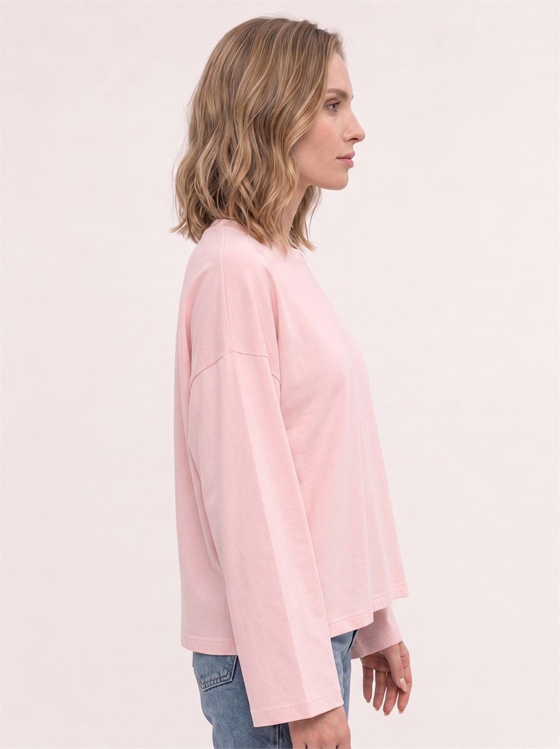 Kadın %100 Pamuk Bisiklet Yaka Uzun Kollu T-shirt Pembe 