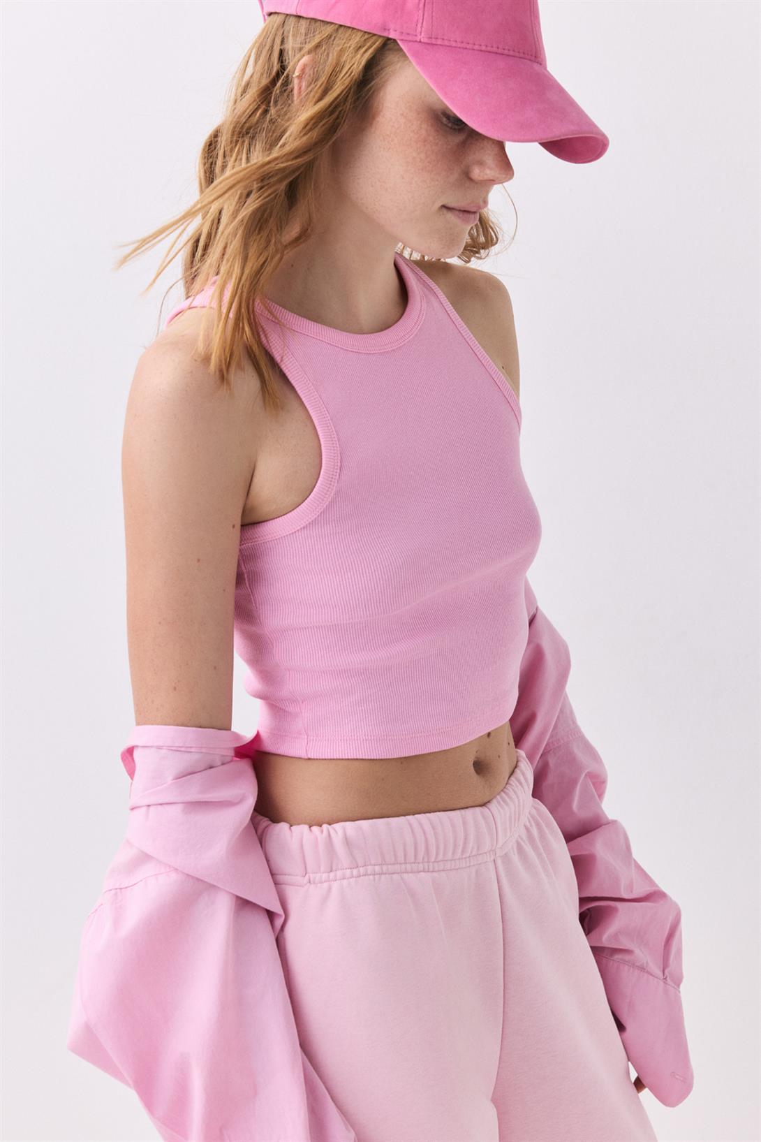 Kadın Slim Fit Dar Kalıp Sıfır Kol Bisiklet Yaka Örme Crop Atlet Pembe  9013