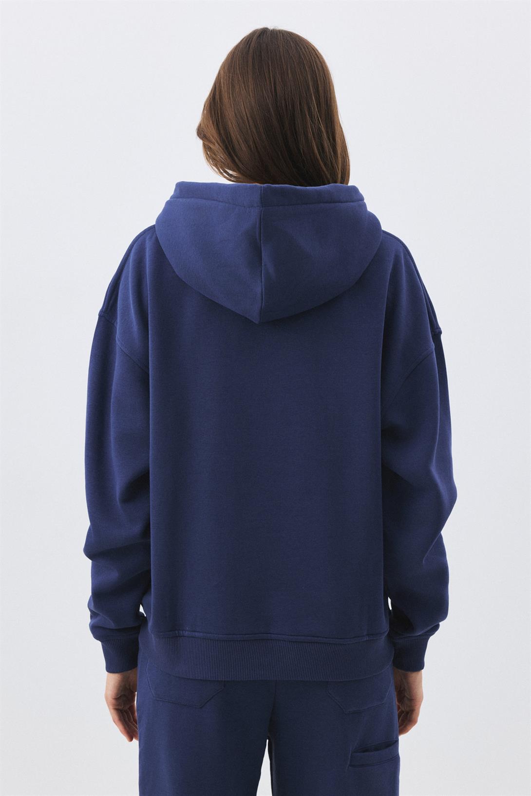 Kadın Premium Kapşonlu Cep Detaylı Eşofman Takımı İndigo 2033