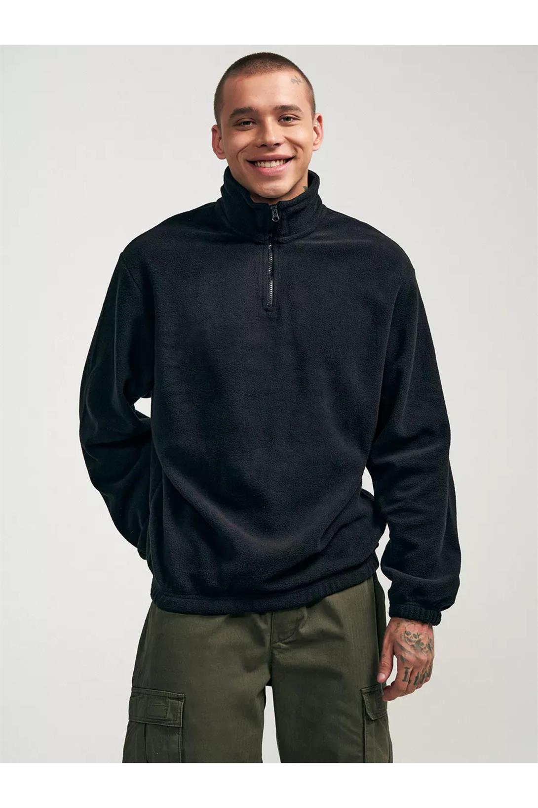 Unisex Relaxed Fit Yarım Fermuarlı Dik Yaka Sweatshirt Siyah 2052