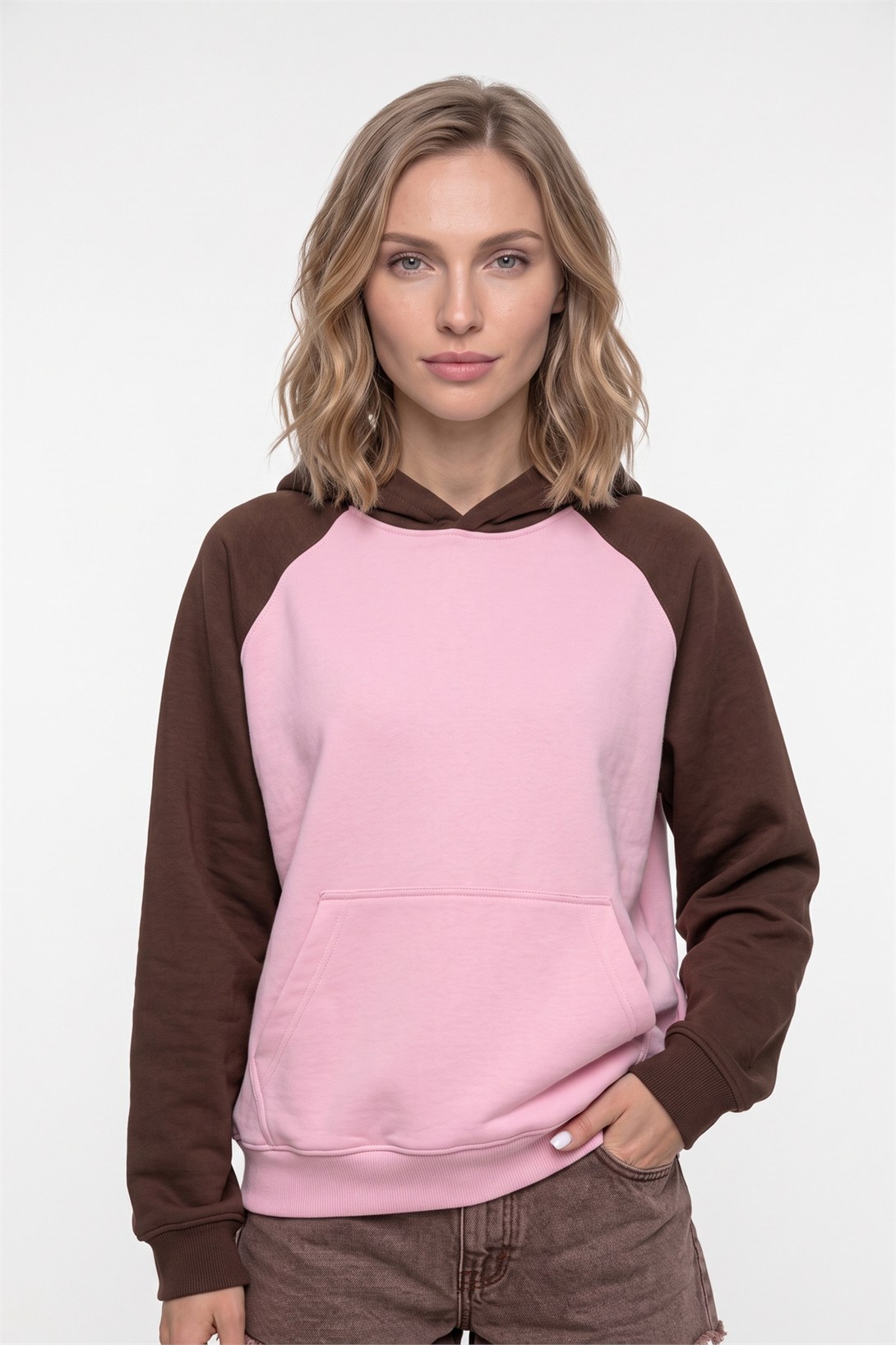 Kadın Reglan Kol Sweatshırt Kahve Pembe  