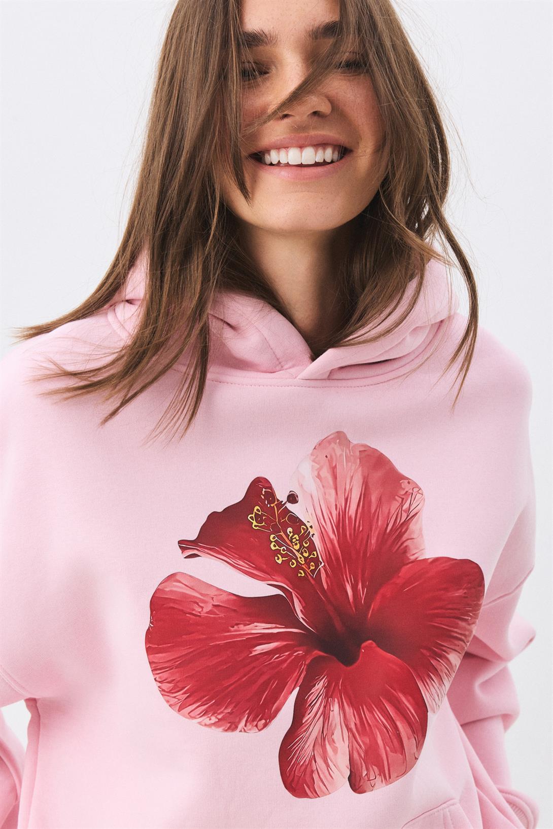 Kadın Red Hibiscus Sweatshirt Pembe