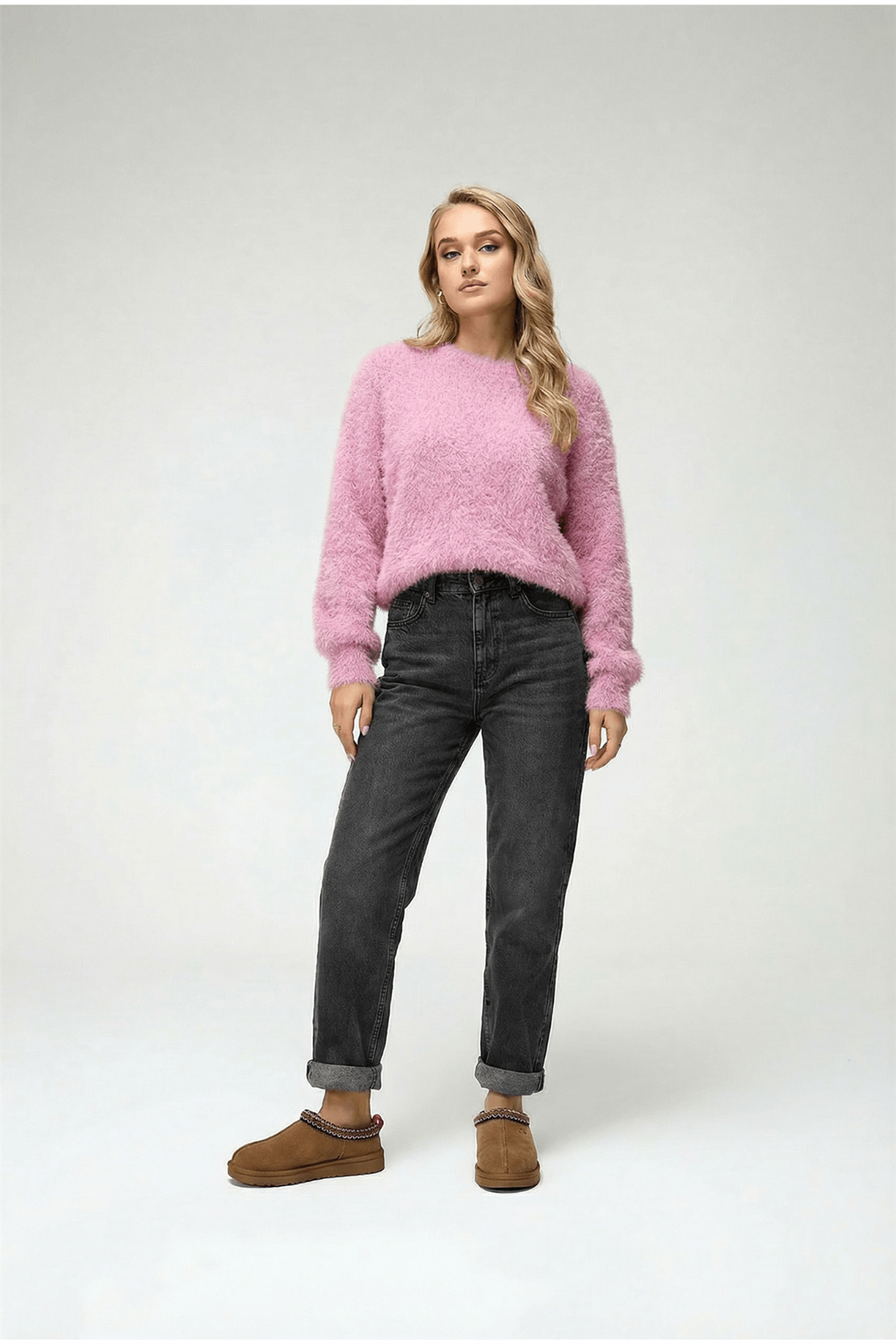 Kadın Peluş Görünümlü Sakallı Bisiklet Yaka Kazak Pembe 