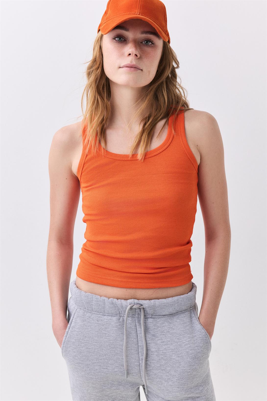 Kadın Fitilli Görünümlü Kalın Askılı Atlet Turuncu 9012