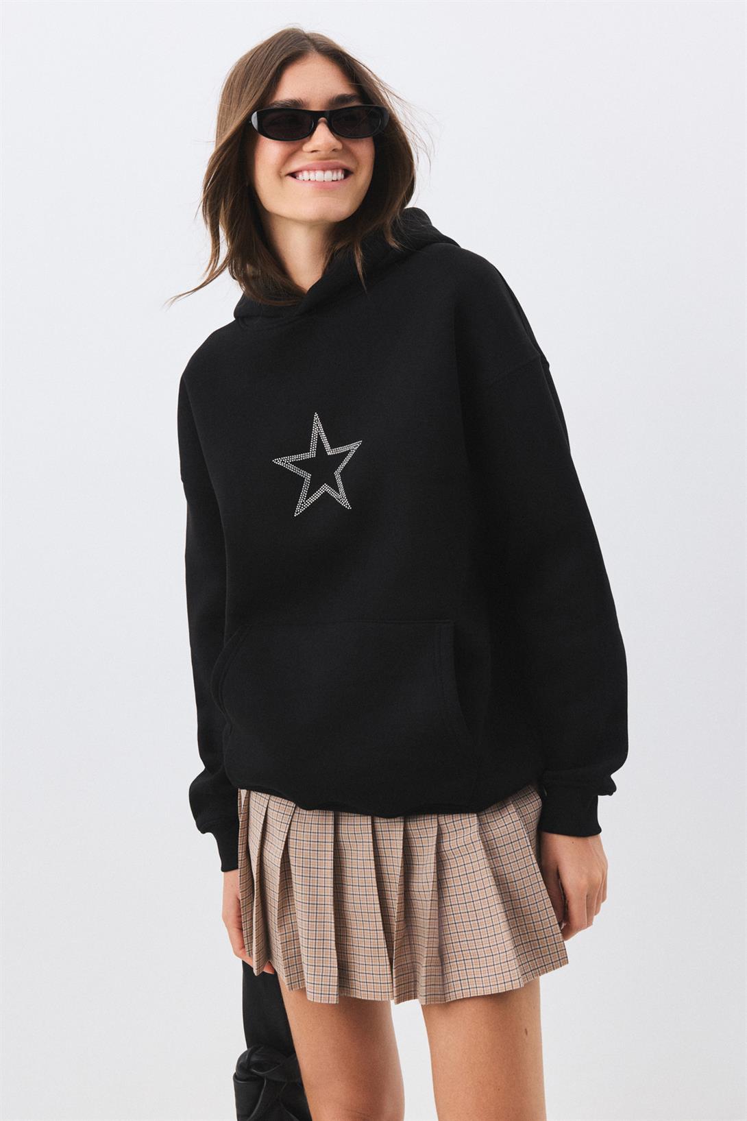 Unisex Star Stroke Taş Baskılı Sweatshirt Siyah