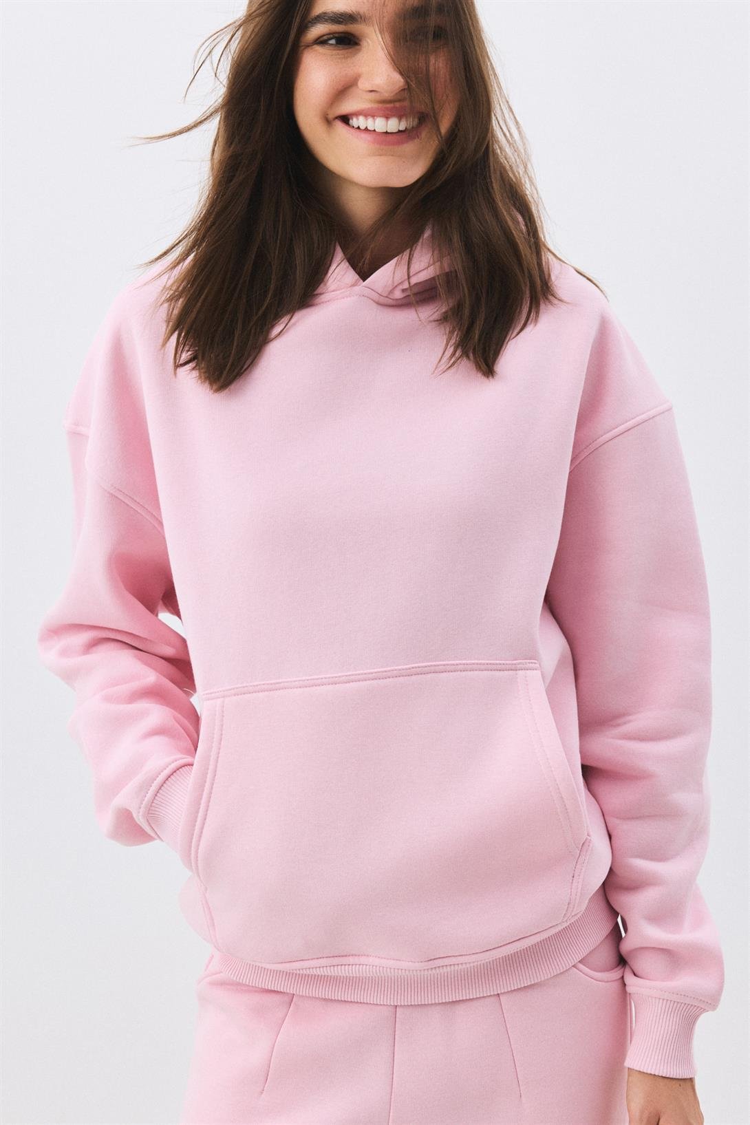 Kadın Premium Kapşonlu Cep Detaylı Eşofman Takımı Pembe 2033