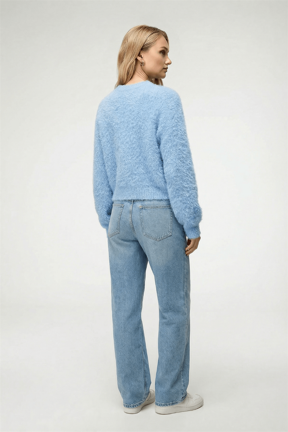 Kadın Peluş Görünümlü Sakallı Bisiklet Yaka Kazak Mavi 