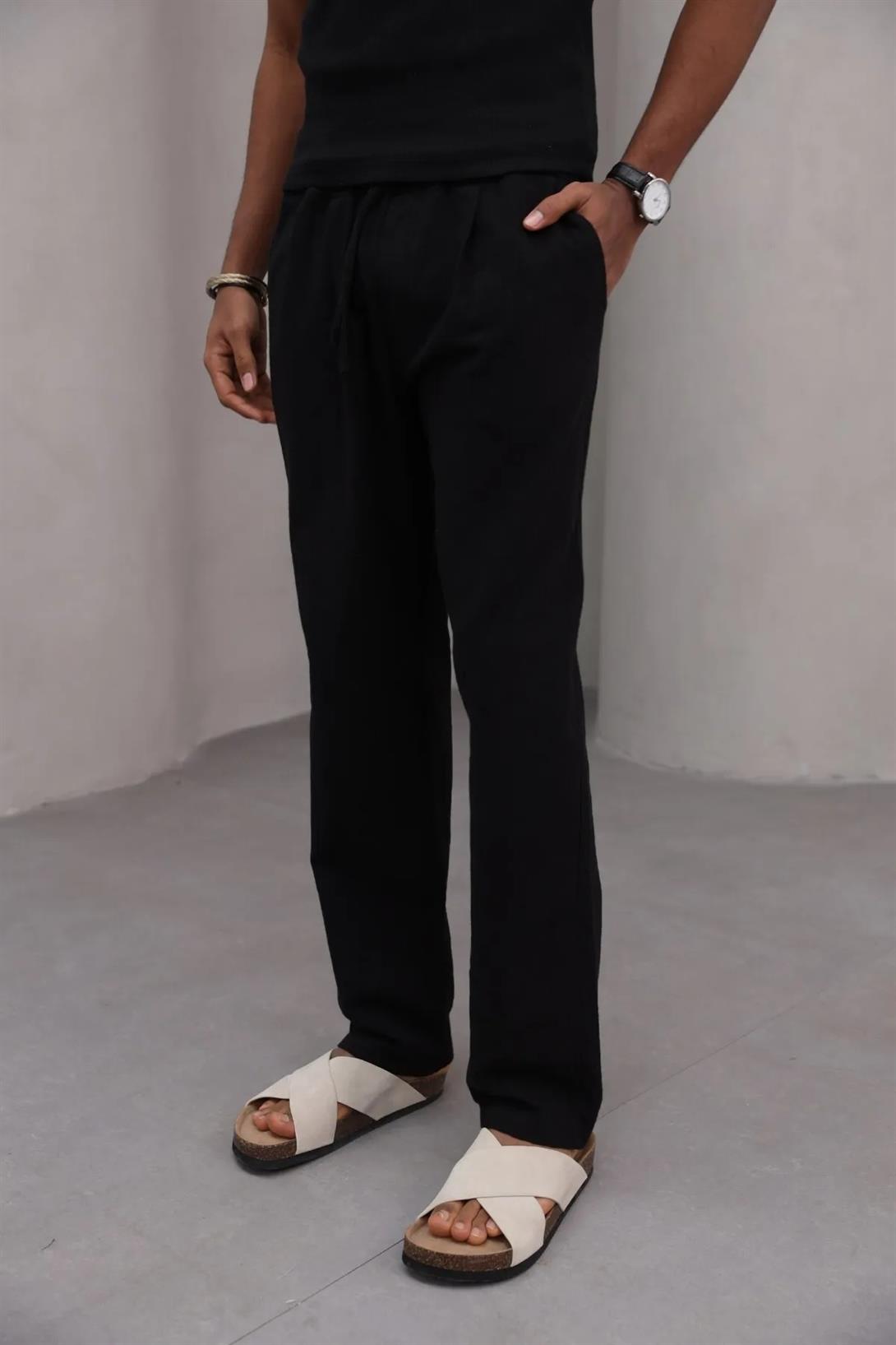 Erkek Premium Rahat Kesim %100 Cotton Bağcıklı Erkek Pantolon Siyah