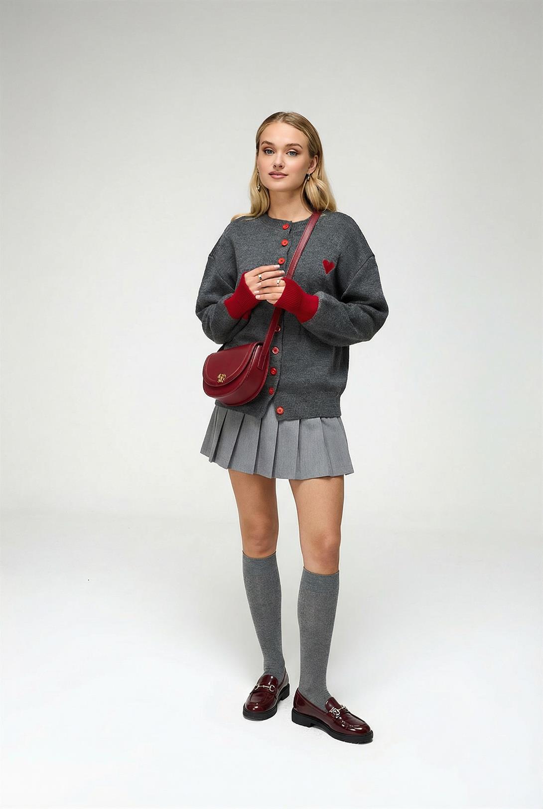 Kadın Bordo Kol Detaylı Düğmeli Hırka Kazak Antrasit