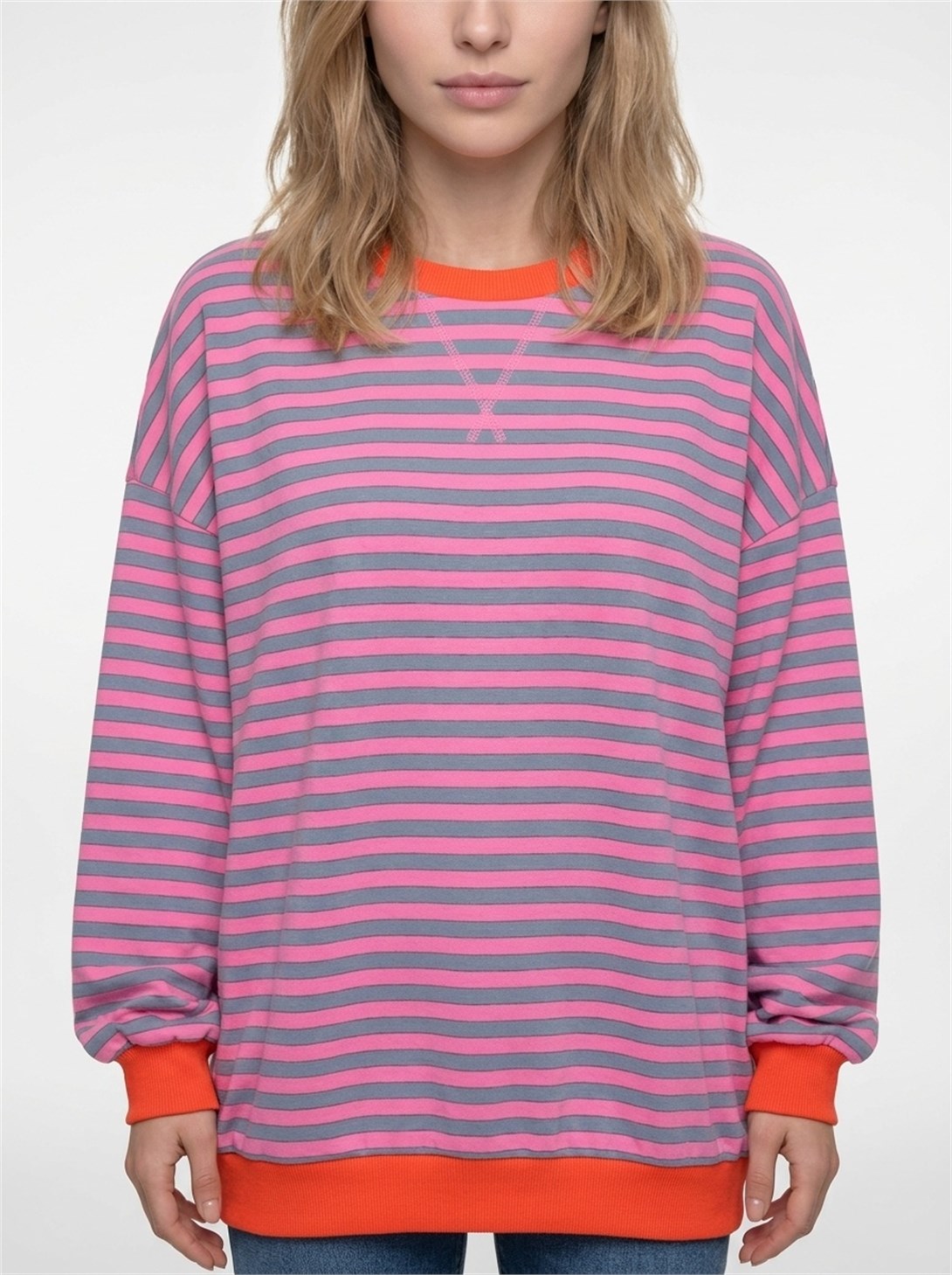 Kadın Çizgili Ribanalı Oversize Sweatshirt Gri Pembe