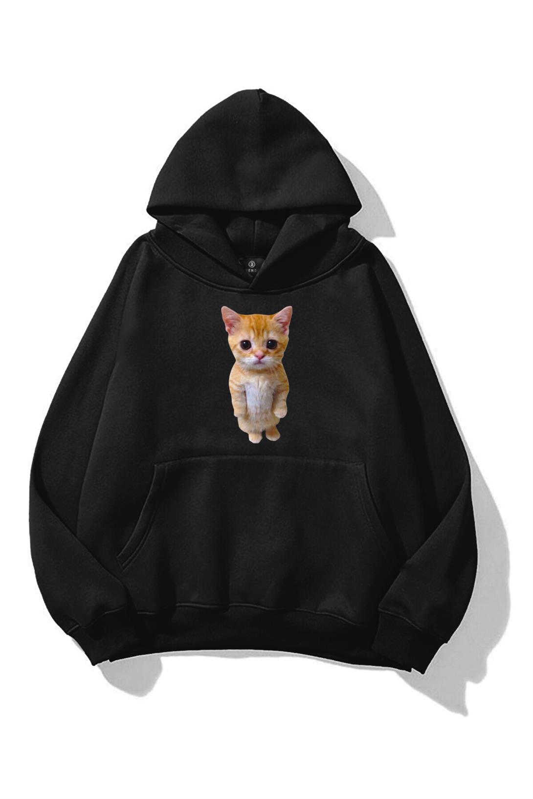 Unisex Sad Cat Sweatshirt Siyah