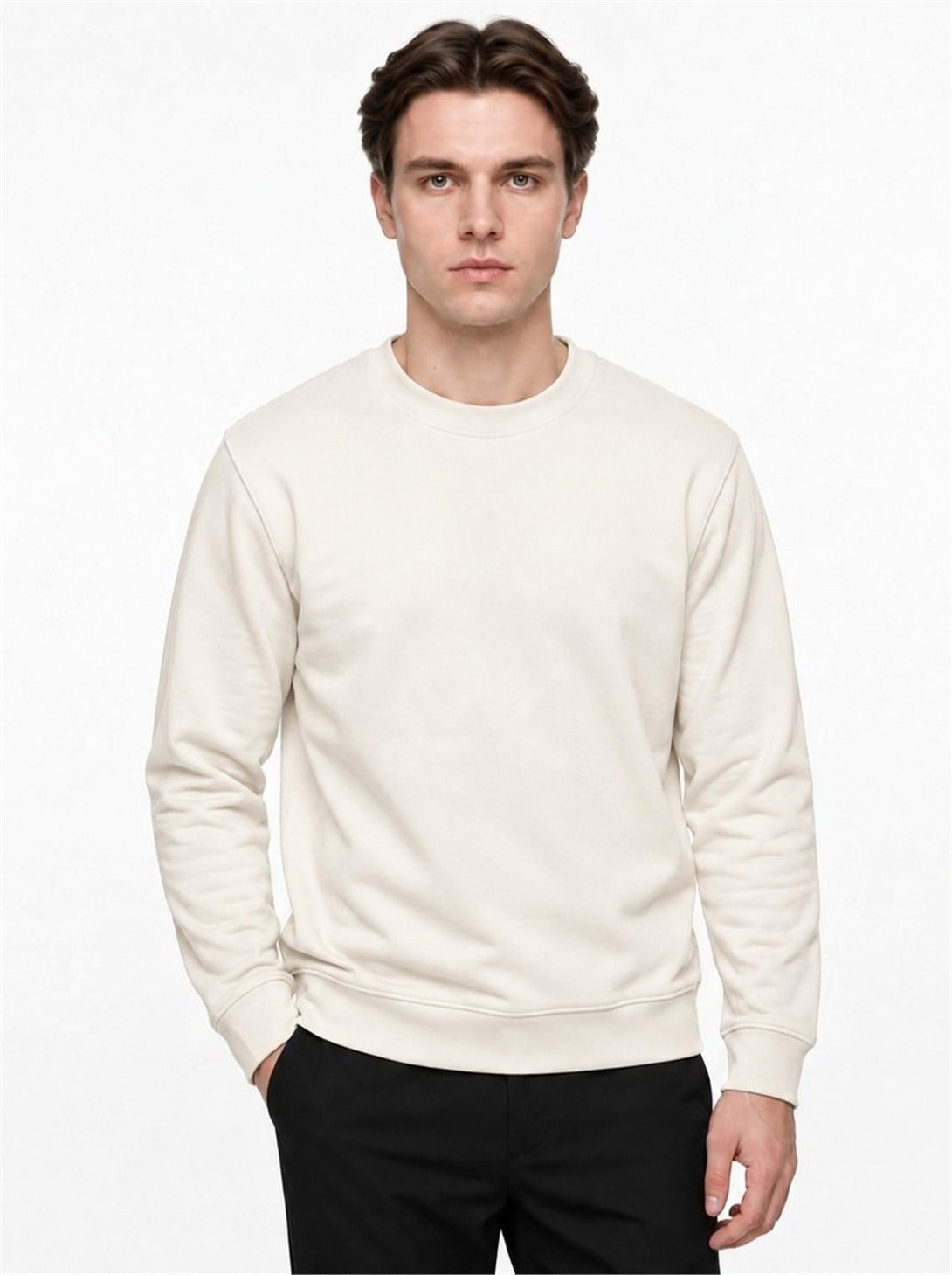 Erkek Standart Fit Normal Kesim 2 İplik Bisiklet Yaka Sweatshirt Ekru