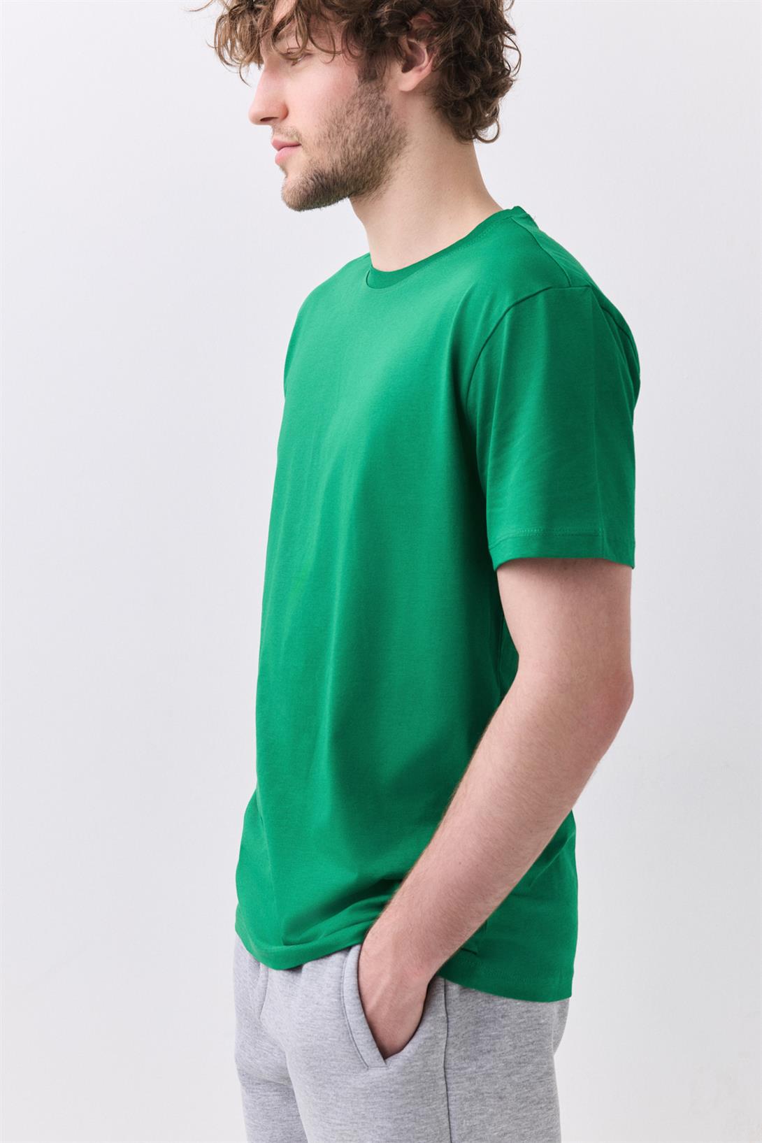 Erkek %100 Pamuk Basic Tshirt Yeşil 2091