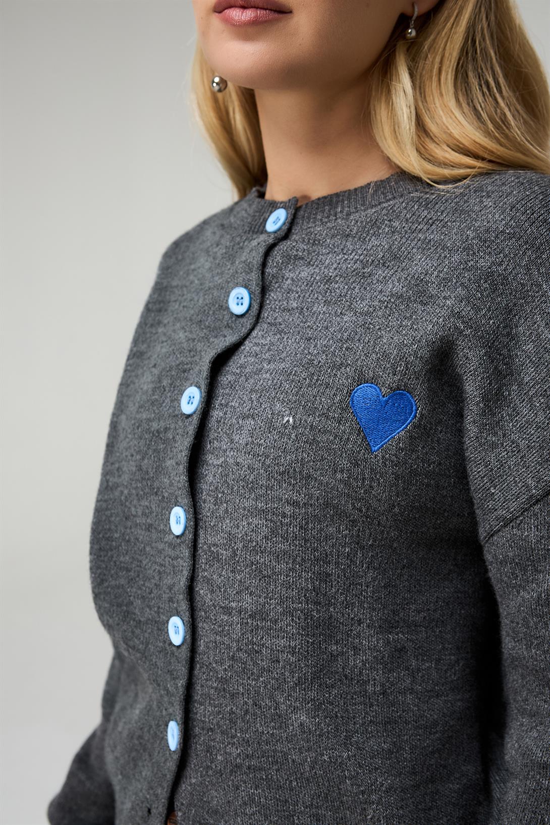 Kadın Mavi Kol Detaylı Düğmeli Hırka Kazak Antrasit