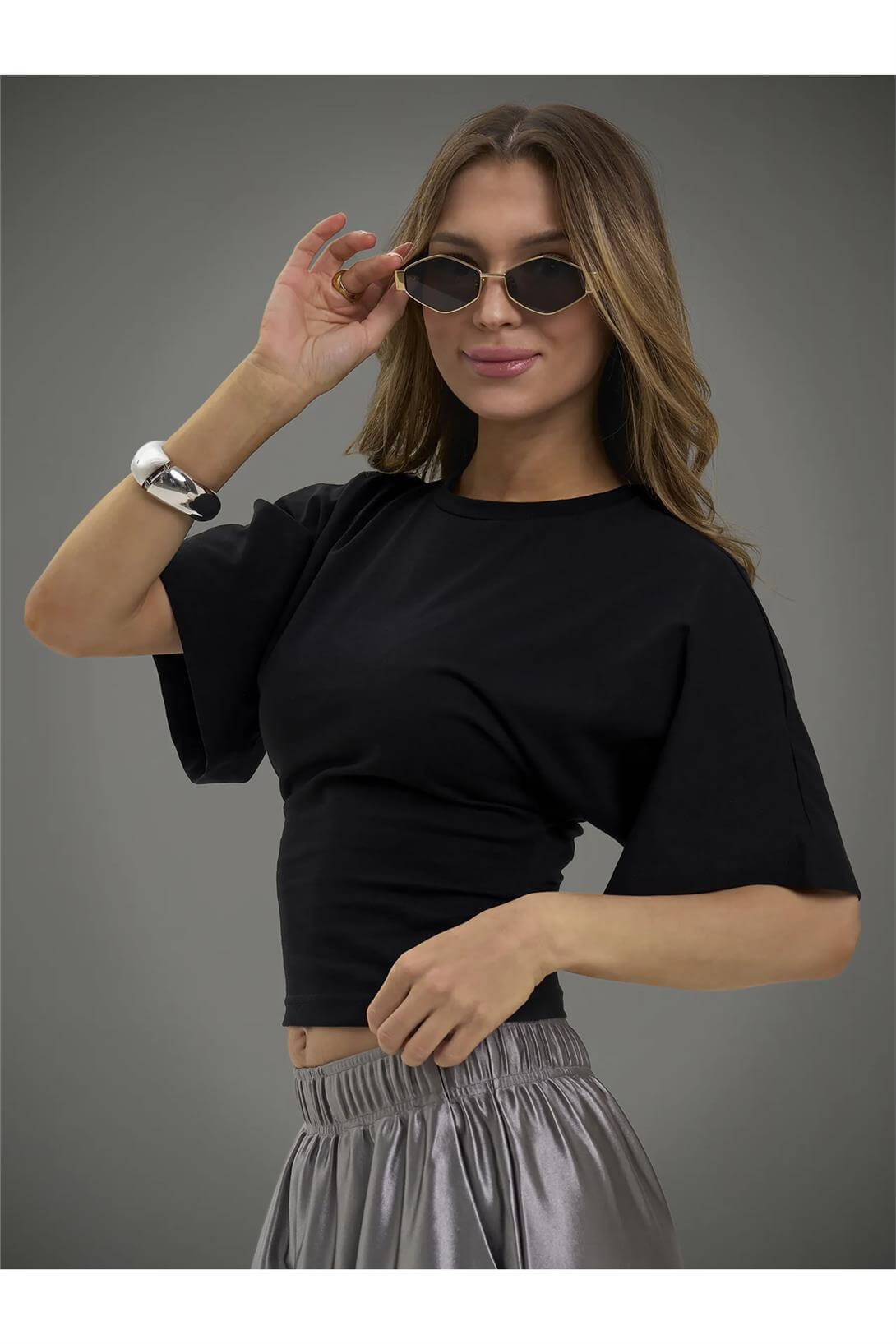 Kadın Bele Oturan Geniş Kollu Premium Bluz 2 li Paket Siyah Beyaz