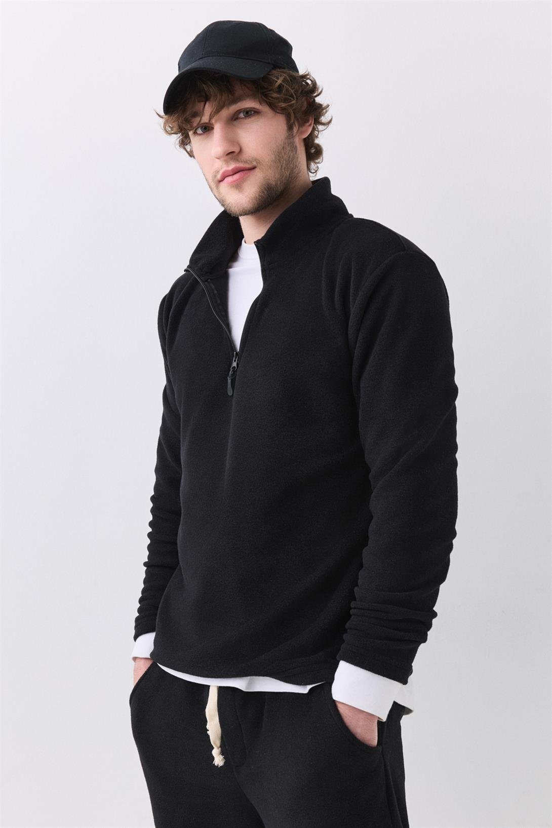 Erkek Polar Dik Yaka Sweatshirt Siyah 2051