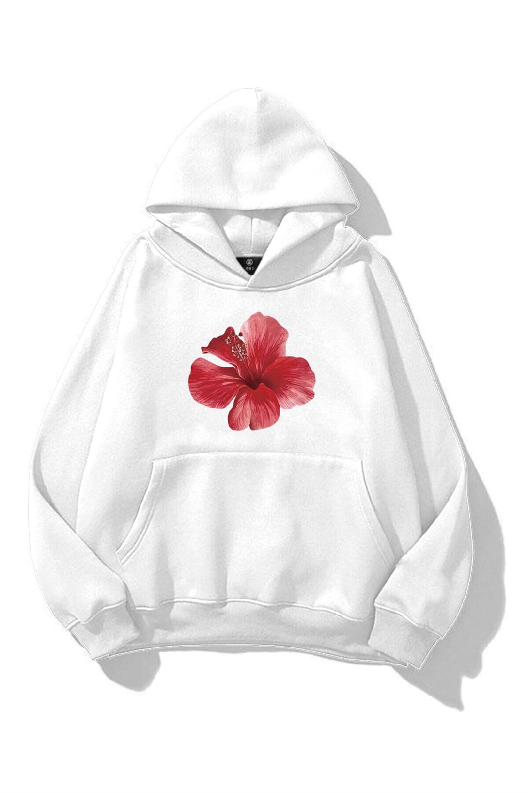 Kadın Red Hibiscus Sweatshirt Beyaz