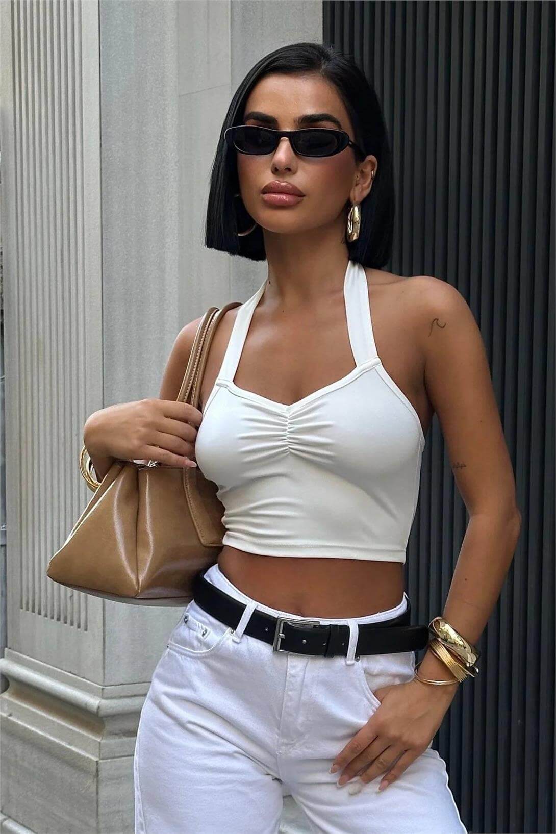 Kadın Önü Büzgülü Askılı Esnek Crop Bluz Beyaz 