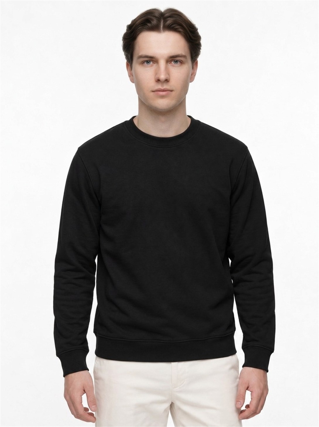 Erkek Standart Fit Normal Kesim 2 İplik Bisiklet Yaka Sweatshirt Siyah