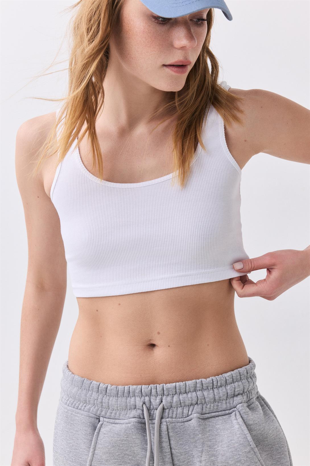 Kadın Askılı Kısa Crop Top Atlet Beyaz 9015