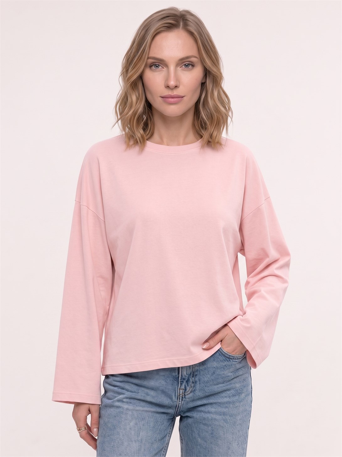 Kadın %100 Pamuk Bisiklet Yaka Uzun Kollu T-shirt Pembe 
